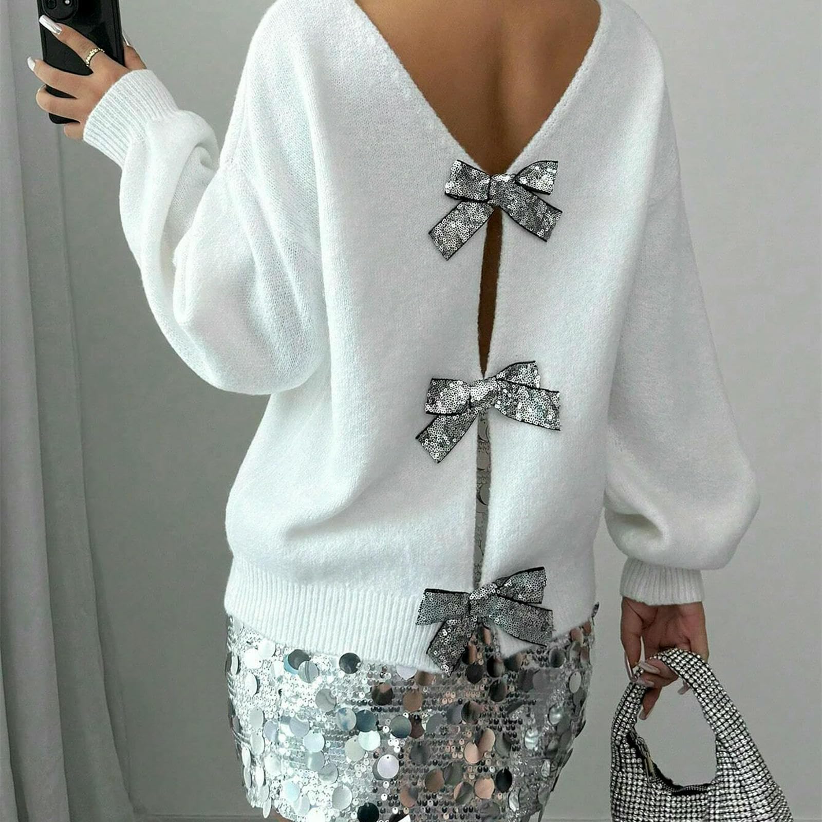 CHENSHI Maglione Donna Cardigan in Maglia di Nicchia A Maniche Lunghe Sciolto con Fiocco Paillettes Autunno E Inverno Nuova Moda Maglione-Bianco-s