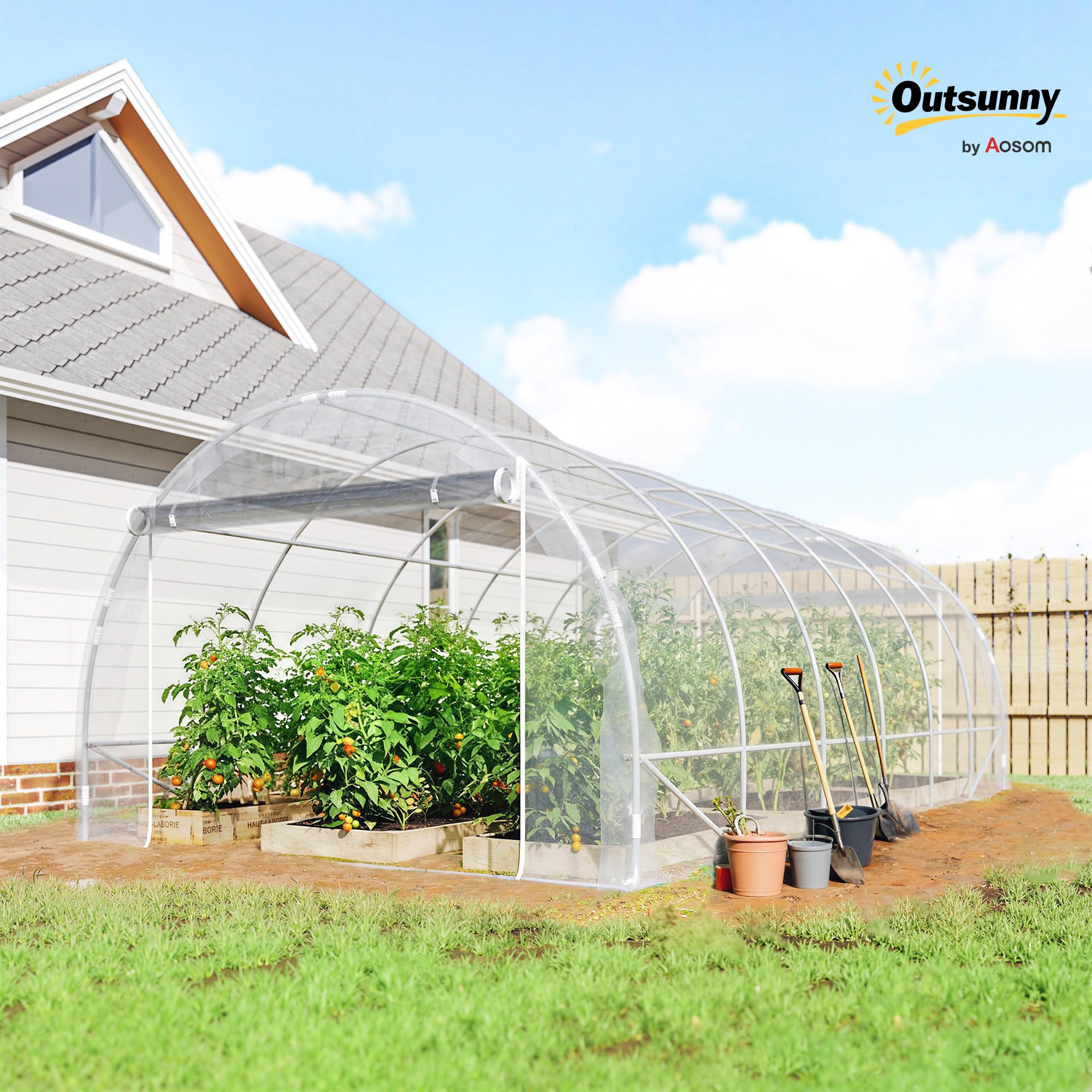 Outsunny Invernadero de Exterior 6x3x2 m Anti-UV Impermeable Transparente | Invernadero de Túnel, 2 Puertas Enrollables, Marco de Acero Galvanizado, Cubierta de PE 150g/m², para Cultivos