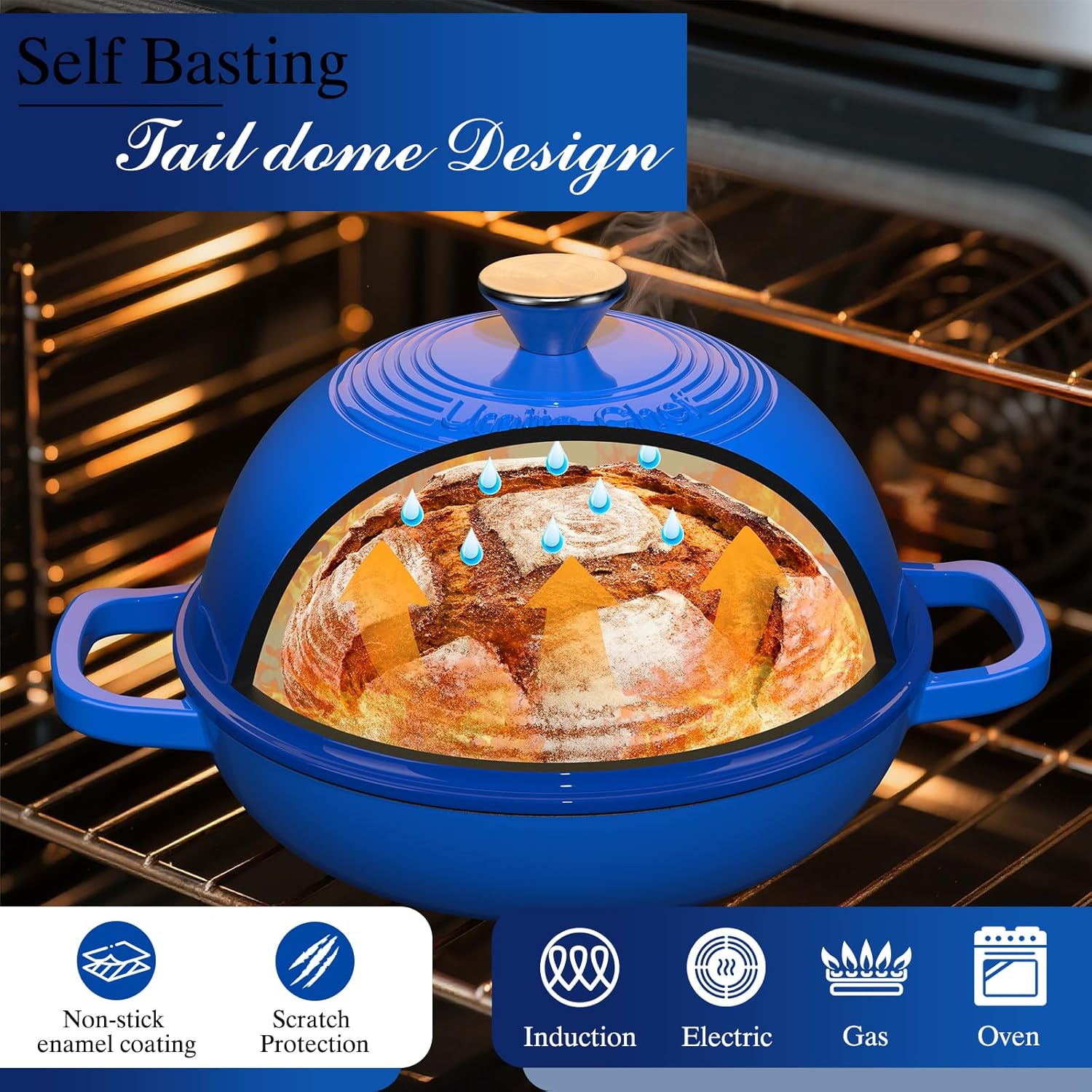 Enamelled Cast Iron Dutch Oven Pot – Dutch Oven Pot with Lid For Sourdough Bread Baking – Cast Iron Bread Oven – Dark Blue, Umite Chef 6QT Pot with Lid & Cotton Potholders - Image 3
