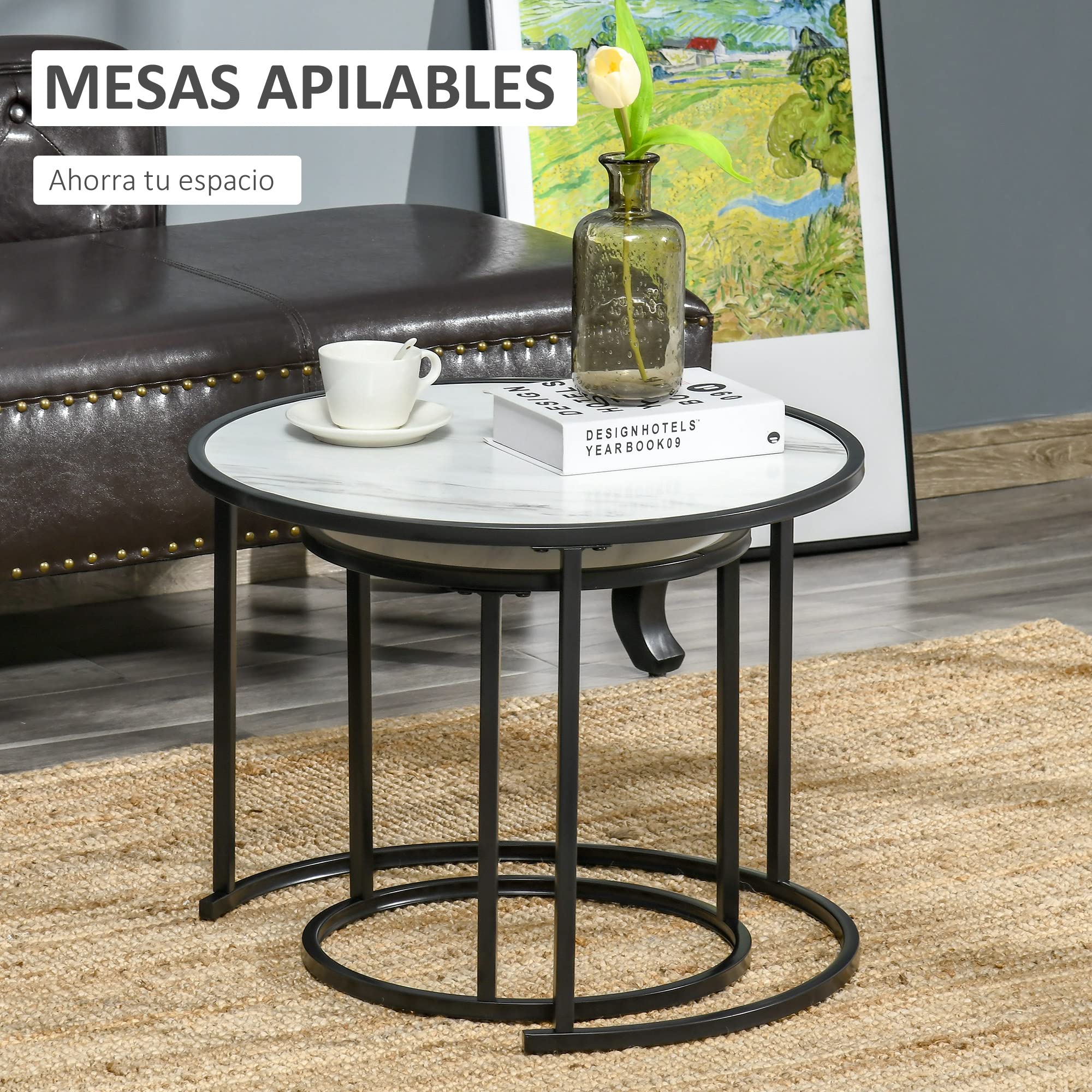HOMCOM Juego de 2 Mesas Auxiliares Redondas Apilables Mesas Nidos Modernas con Encimera en Efecto de Mármol y Marco de Acero Ø60x46 cm y Ø40x40 cm Blanco