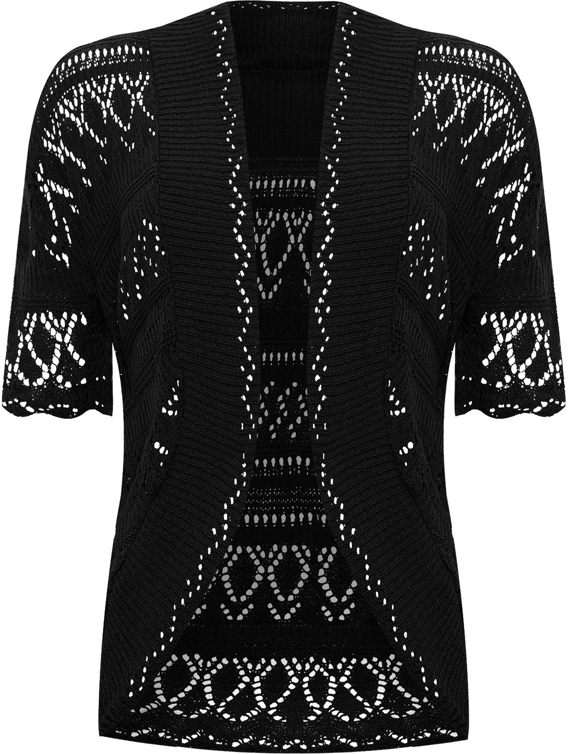WearAll Women's Plus Knitted Crochet Short Sleeve Top Shrug Ladies Open Cardigan - Black - 24-26