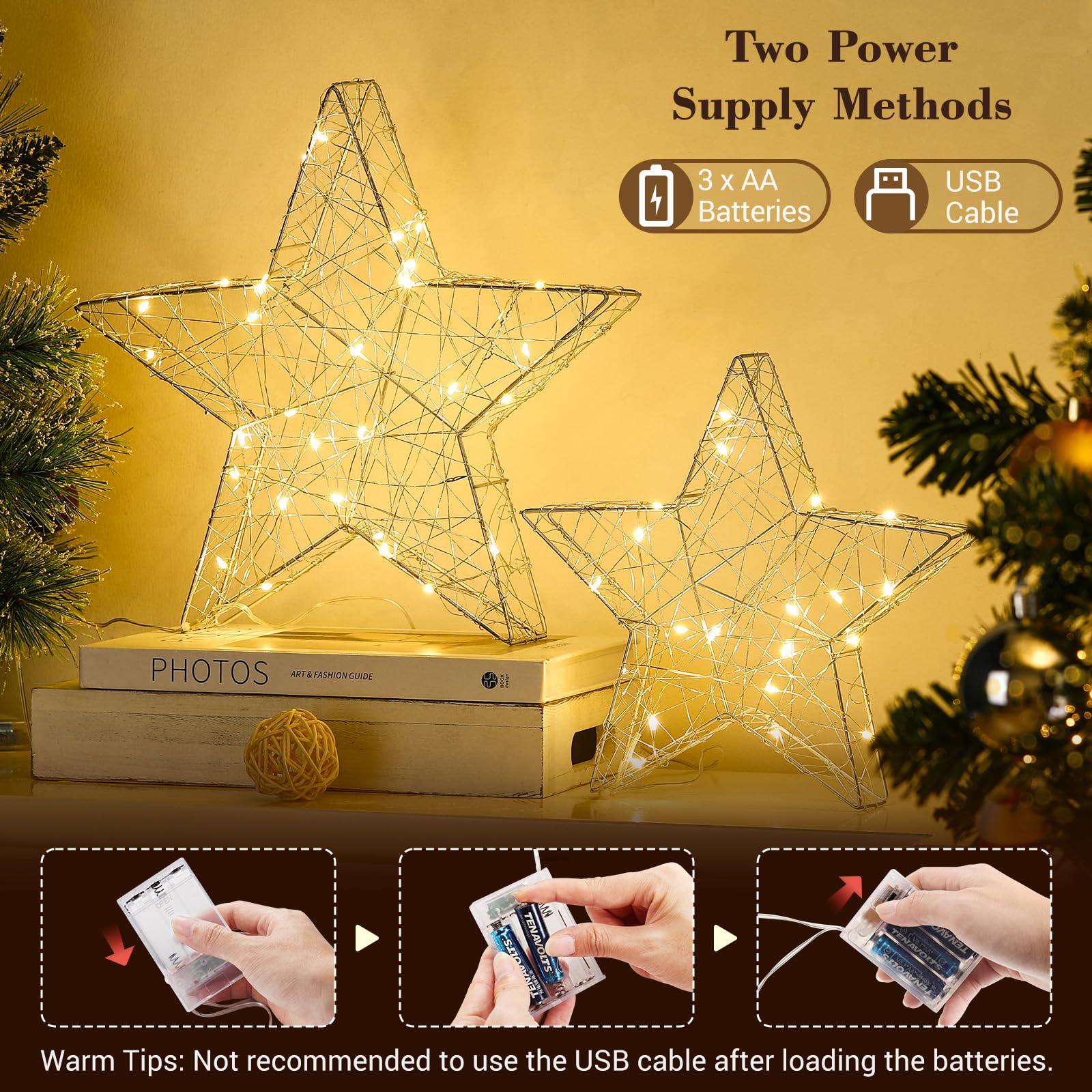 Lewondr Tischlampe, 2 Stück LED Sterne Deko mit Eisenrahmen, Silber | Weihnachten Nachttischlampe, Batteriebetrieben, Tischdeko Weihnachtsbeleuchtung Fenster Schlafzimmer Zuhause Büro
