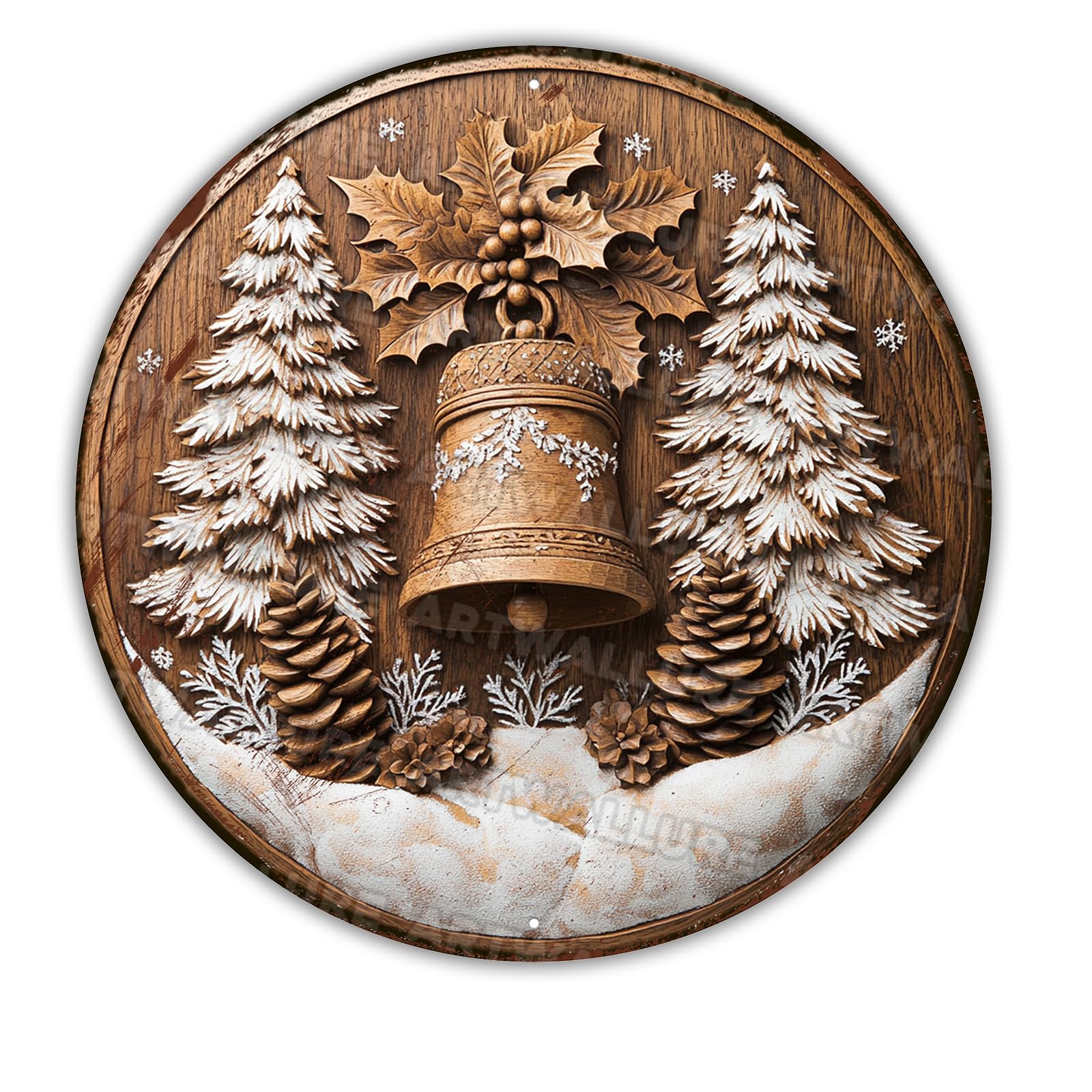 Vintage 2D Look Christmas Wreath Round Metal Sign, Winter Wall Decor for Living Room Fireplace Mantel and Entryway Accent Wall 12x12Inch