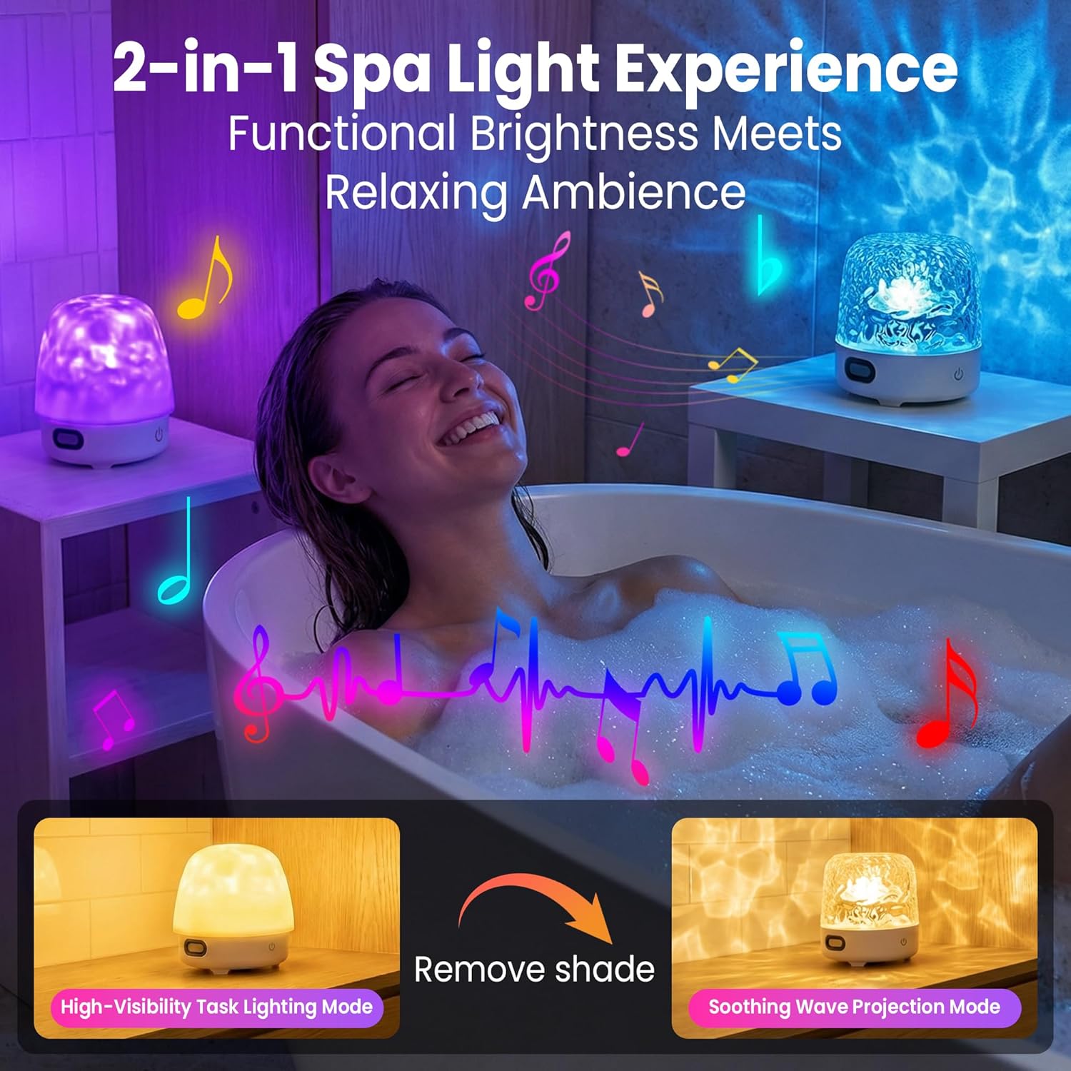 Shower Lamp Waterproof, SPA-Like Ocean Shower Light with Bluetooth Speaker for White Noise and Music, Bathroom Lamp with 16 Color Ocean Wave Projector for Inside Shower&Bathtub, Touch&Remote Control