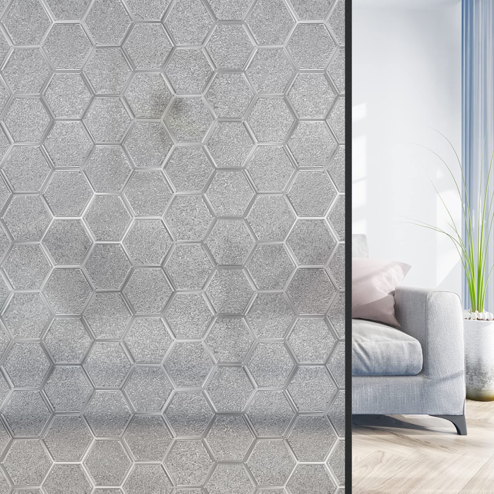 Ncwang Silver Frosted Window Film Privacy, Privacy Window Film Self Adhesive With No Glue Static Cling Sticker For Office, Bathroom Living Room And Kitchen （ Hexagon, 45X200 Cm ）