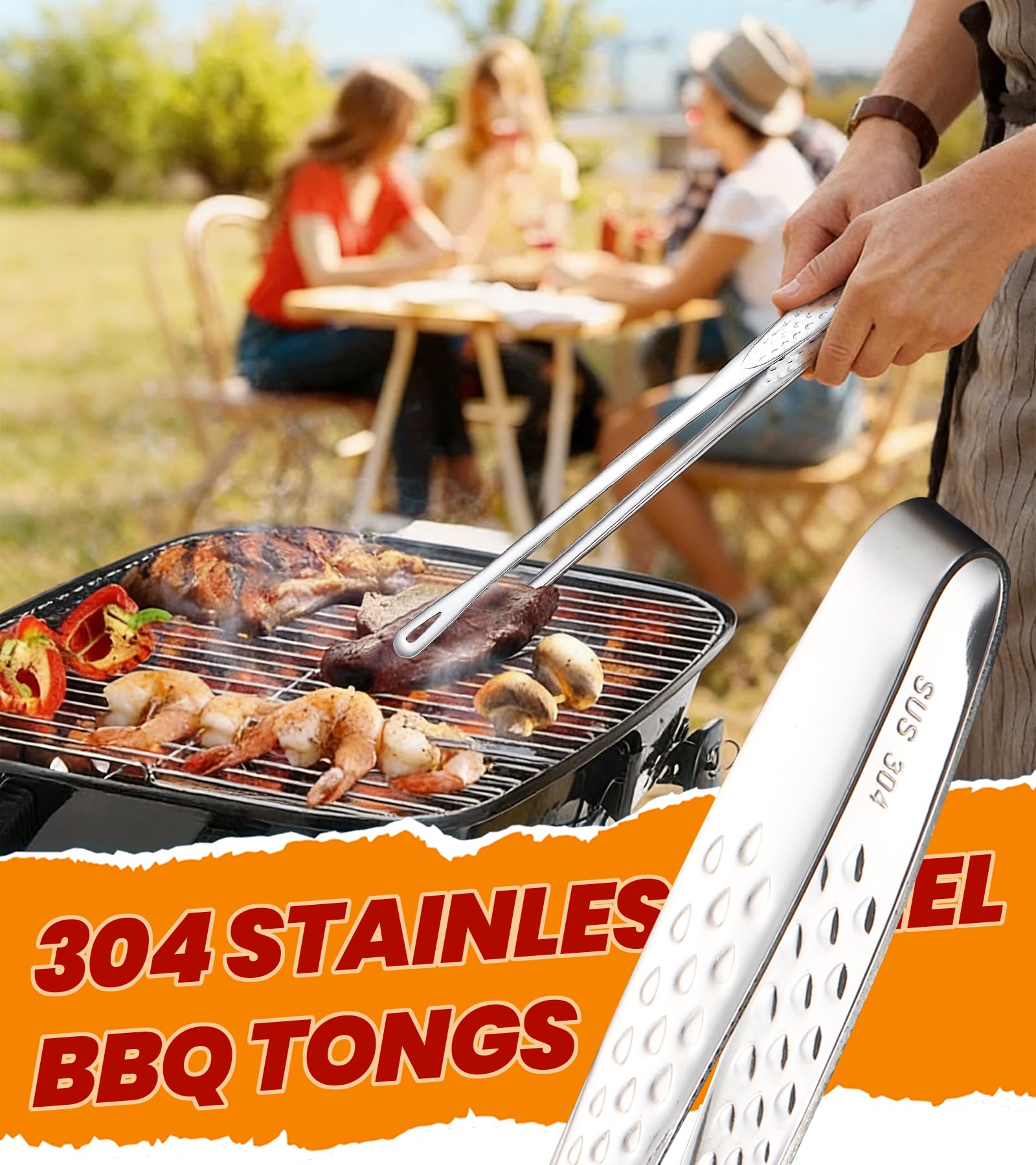 Ugotit Korean BBQ Zange Grillzange Edelstahl Set, 6 Stück | Grillzangen 28 cm mit Abtropflöchern & rutschfestem Griff, spülmaschinengeeignet, für Hot Pot, Tischgrill und Outdoor-Grillen