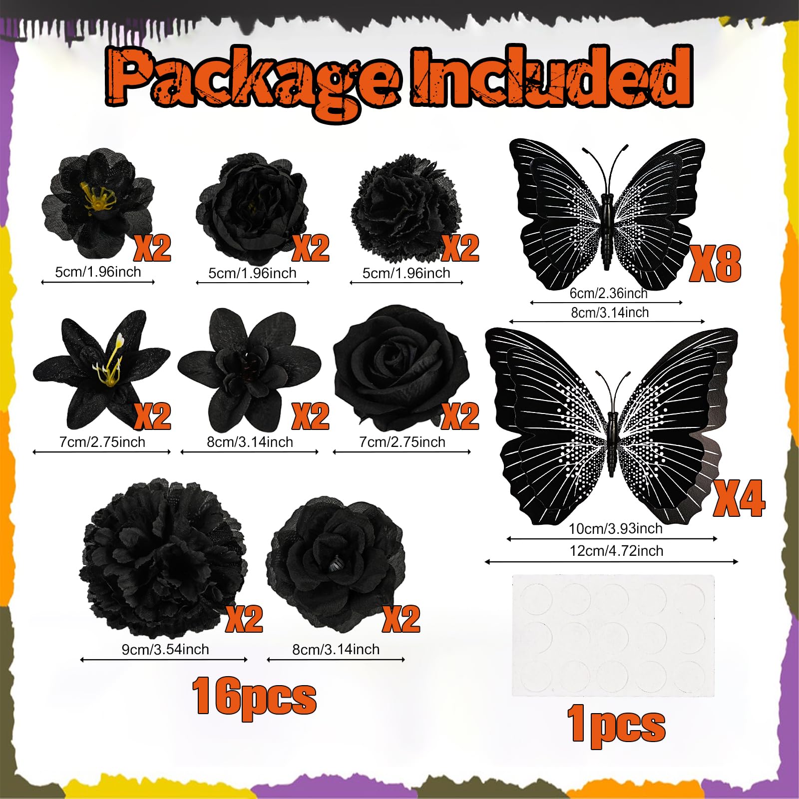Fleurs Artificielles & Papillons 3D - Lot De 28 Pièces Noir, Pour DIY, Décoration Mariage, Fête, Maison - 6