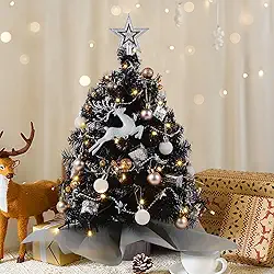 Juegoal Mini árvore de Natal preta, 60 cm de mesa iluminada, pinheiro artificial de Natal, árvore pequena de Halloween, funciona com bateria e temporizador com 50 luzes LED, para decoração de festas