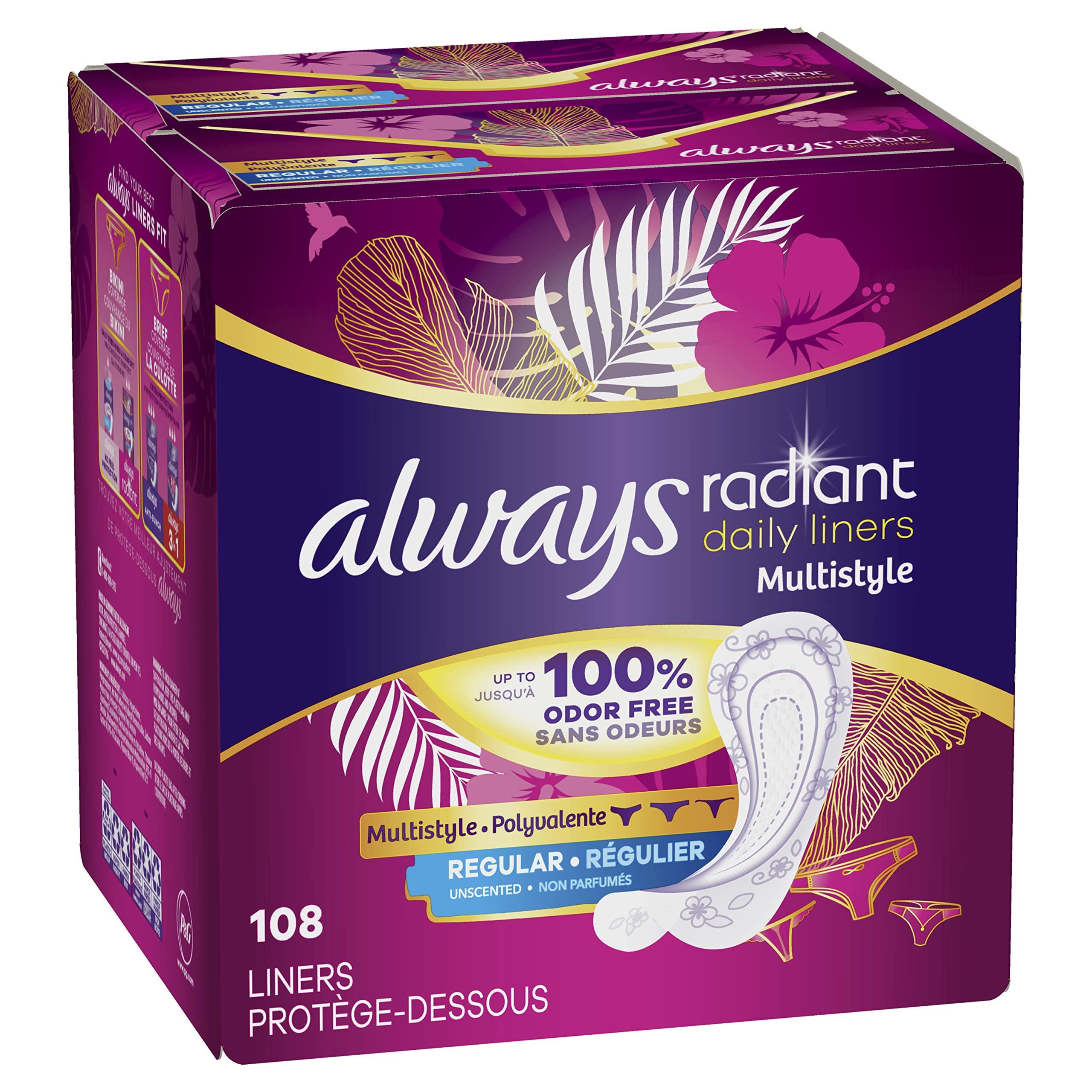 Always Radiant Daily Multistyle Liners Regular Absorbency Unscented, Up to 100% Odor-Free, 108 Count