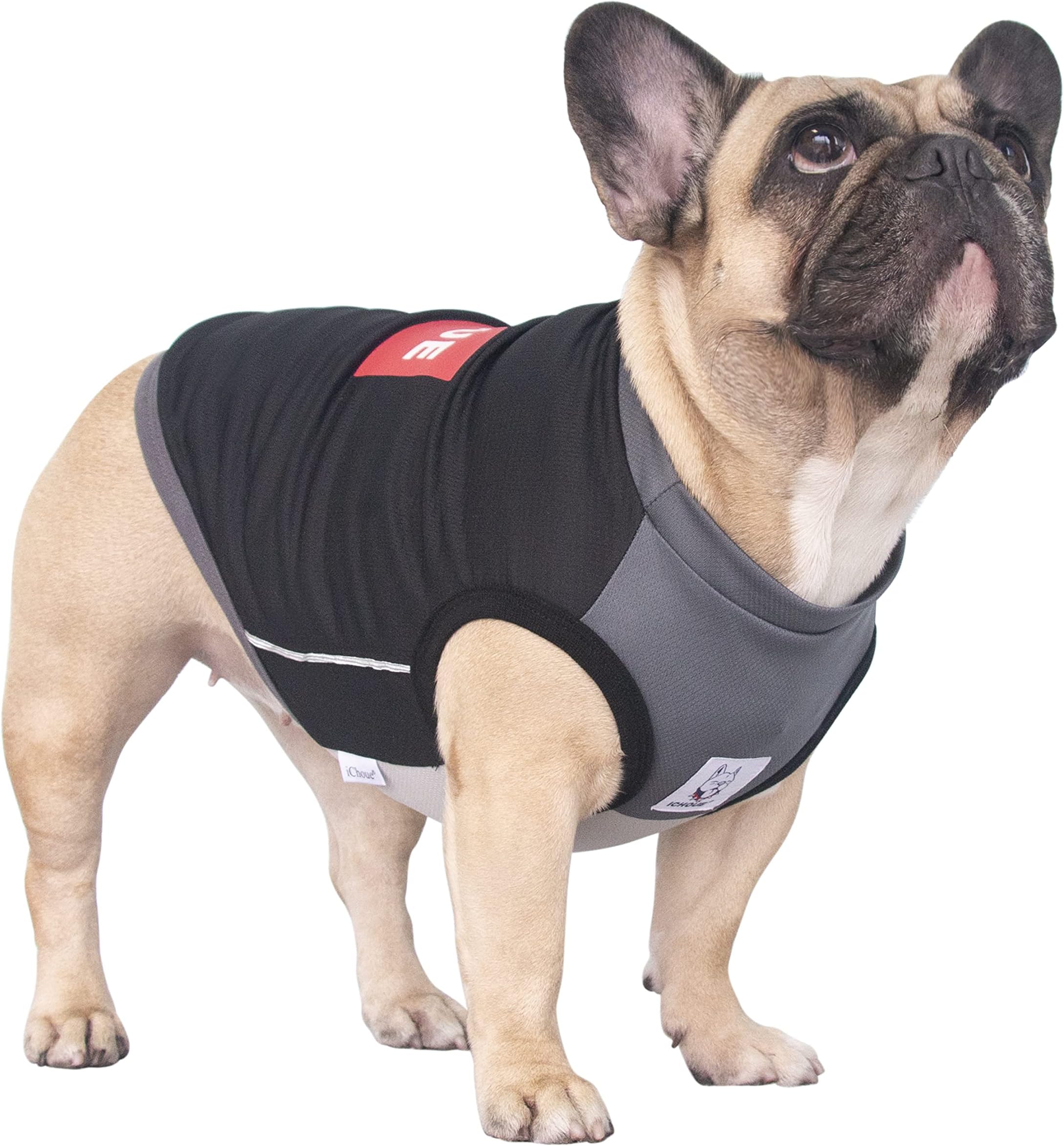 ICHOUEFrench Bulldog Summer Cooling Shirt for Dogs UV Sun Protection Vest Sleeveless Stretchy Tank Top English Pug Grey Black - Medium