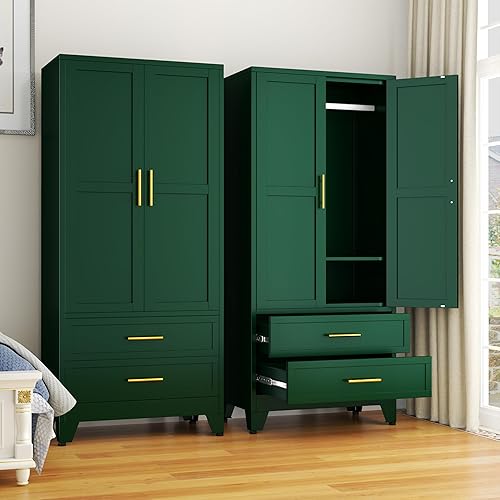 Miniatura 13 de Armario de metal con barra para colgar, armarios de almacenamiento de ropa de metal de 71 pulgadas con 2 puertas, 1 estante ajustable y 2 cajones, 2