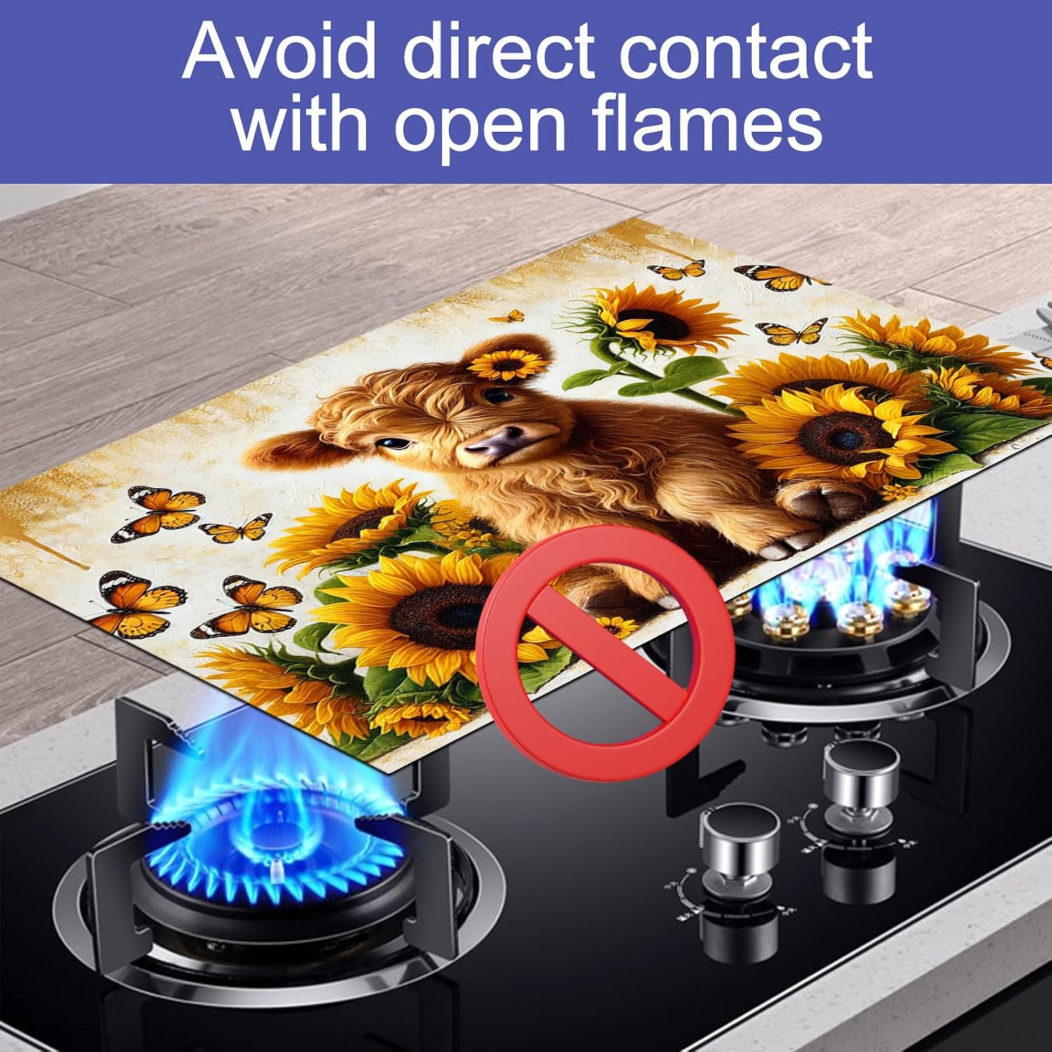 HOMETITUTE Highland Calf Stove Top Cover for Electric 28x20 Inch Diatomite Kitchen Decor Glass Cooktop Protector Heat Resistant Countertop Mat with Sunflower and Butterfly Design