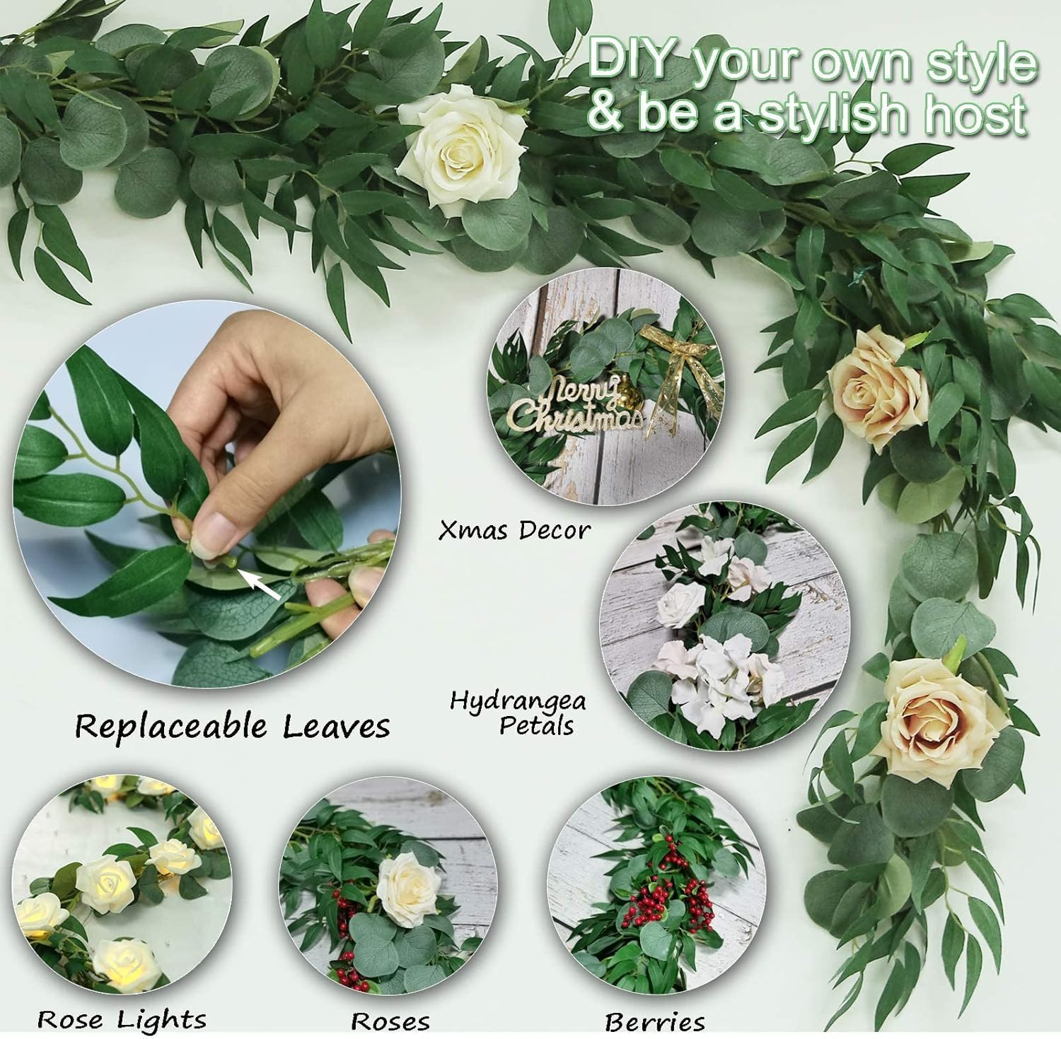 Künstliche Eukalyptus-Girlande mit Weidenblättern, künstliches Grün, Girlande für Hochzeit, Party, Zuhause, Tischläufer, Bogendekoration, 6 Stück