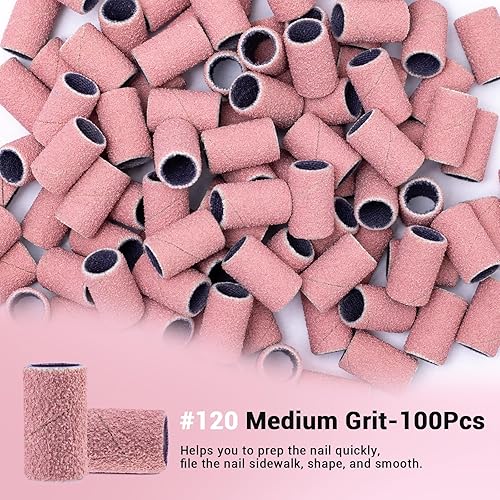 Miniatura 283 de MelodySusie 100 unidades de brocas de uñas, bandas de lijado para taladro de uñas, 120 bandas de lijado de lima de uñas de grano medio para uñas