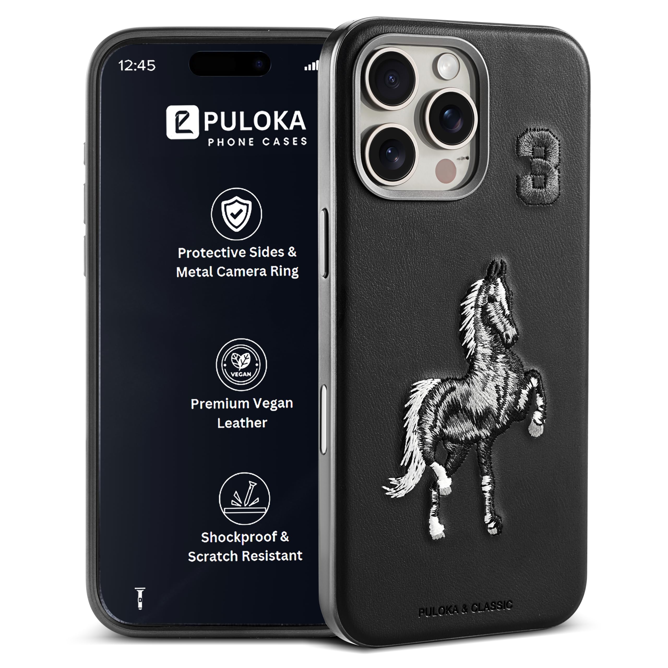 PULOKA - Mobile Cover Compatible for iPhone 16 Pro Max - Horse Embroidery - Sleek & Stylish - Protective & Anti Scratch Phone Cover Vegan Leather Back Case - Men & Women - Santa Barbara Polo (Black)