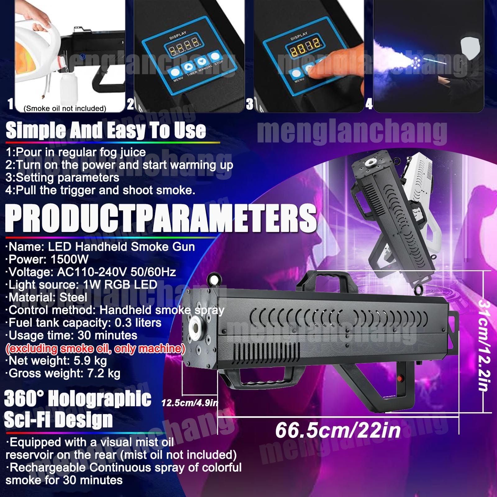 Macchina Del Fumo Portatile 1500w Con Luce Led Rgb, Pistola Fumogena Per Feste,Attrezzatura Per Effetti Scenici Per Halloween,Concerti Dj,Eventi Speciali, Effetti Scenici E Locali Notturni Black
