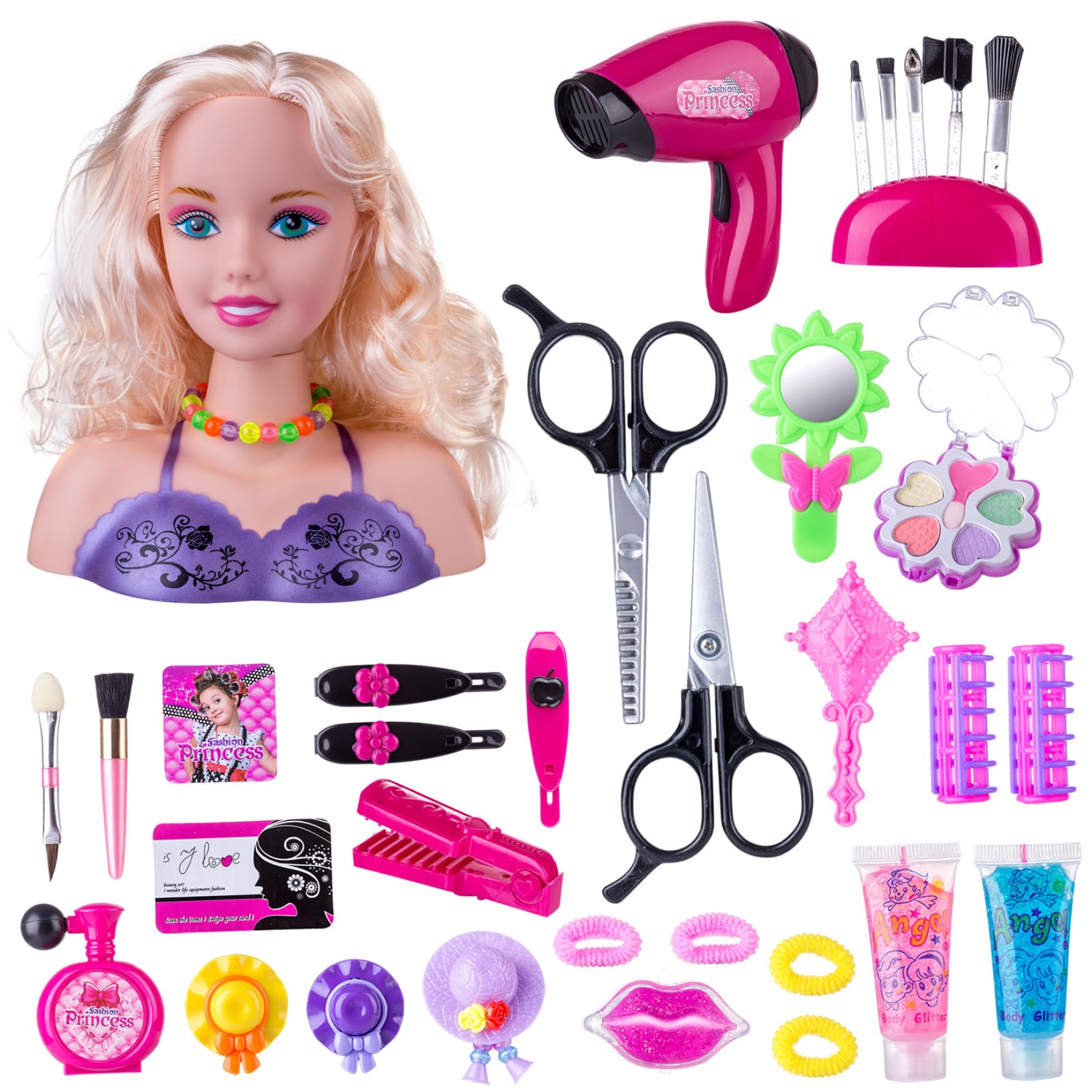 HoveeLuty 35 Unids/Set Cabeza de Muñeca para Peinar el Cabello y Maquillaje Accesorios Set Colorido Realista Playset Styling Head Doll para Niñas Juego de Imaginación Cumpleaños Estilo 1 Acces