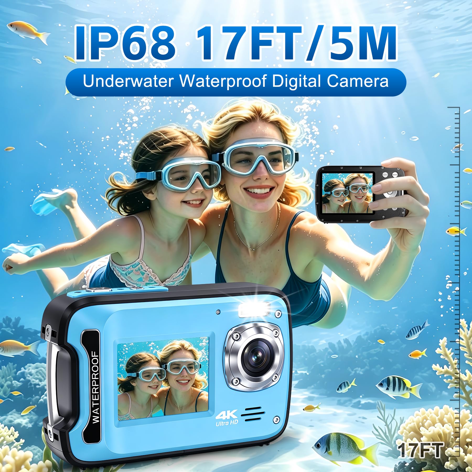 Fotocamera subacquea 4K 17FT Fotocamera impermeabile con scheda da 32 GB Autofocus da 48 MP Fotocamera subacquea per selfie a doppio schermo Fotocamera subacquea per snorkeling Fotocamera digitale