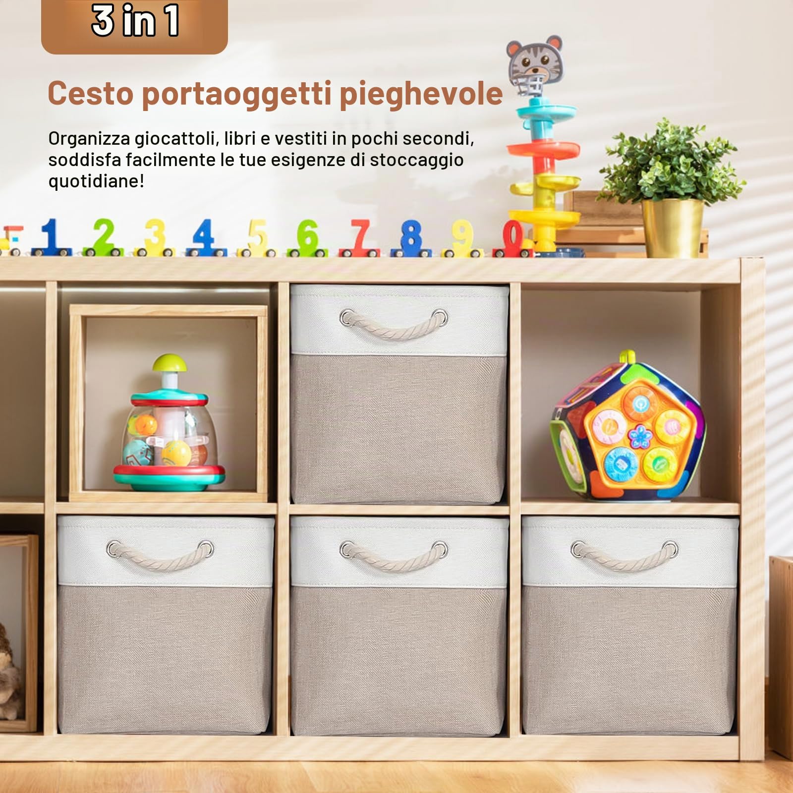 Scatole per Armadio Tessuto, Set di 4 Scatole Portaoggetti Pieghevole con Maniglia, 33x33x33cm, Cestini Portaoggetti, per Scaffali, Armadi, Giocattoli, Vestiti, Libri (Bianco+Kaki)