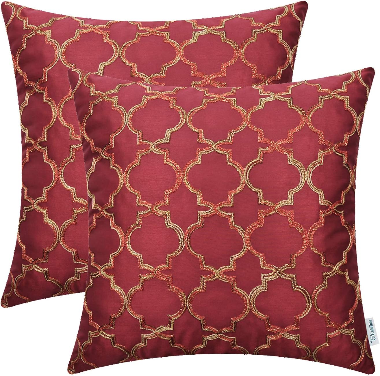 CaliTime Pack of 2 Faux Silk Throw Pillow Covers Cases for Sofa Couch Home Decoration 18 X 18 Inches Gradient Quatrefoil Accent Geometric Chain Embroidered Deep Red
