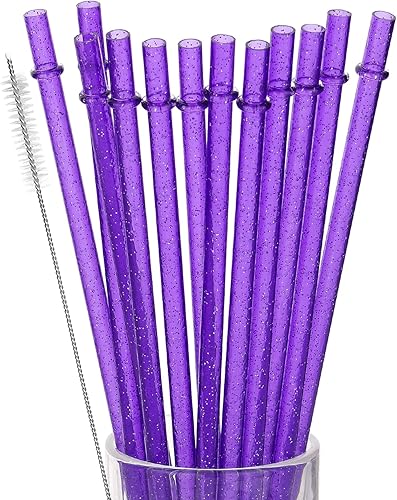 12 pajitas de plástico reutilizables, pajitas de plástico coloridas, sorbete duro de 11 pulgadas de largo con cepillo de limpieza, color morado
