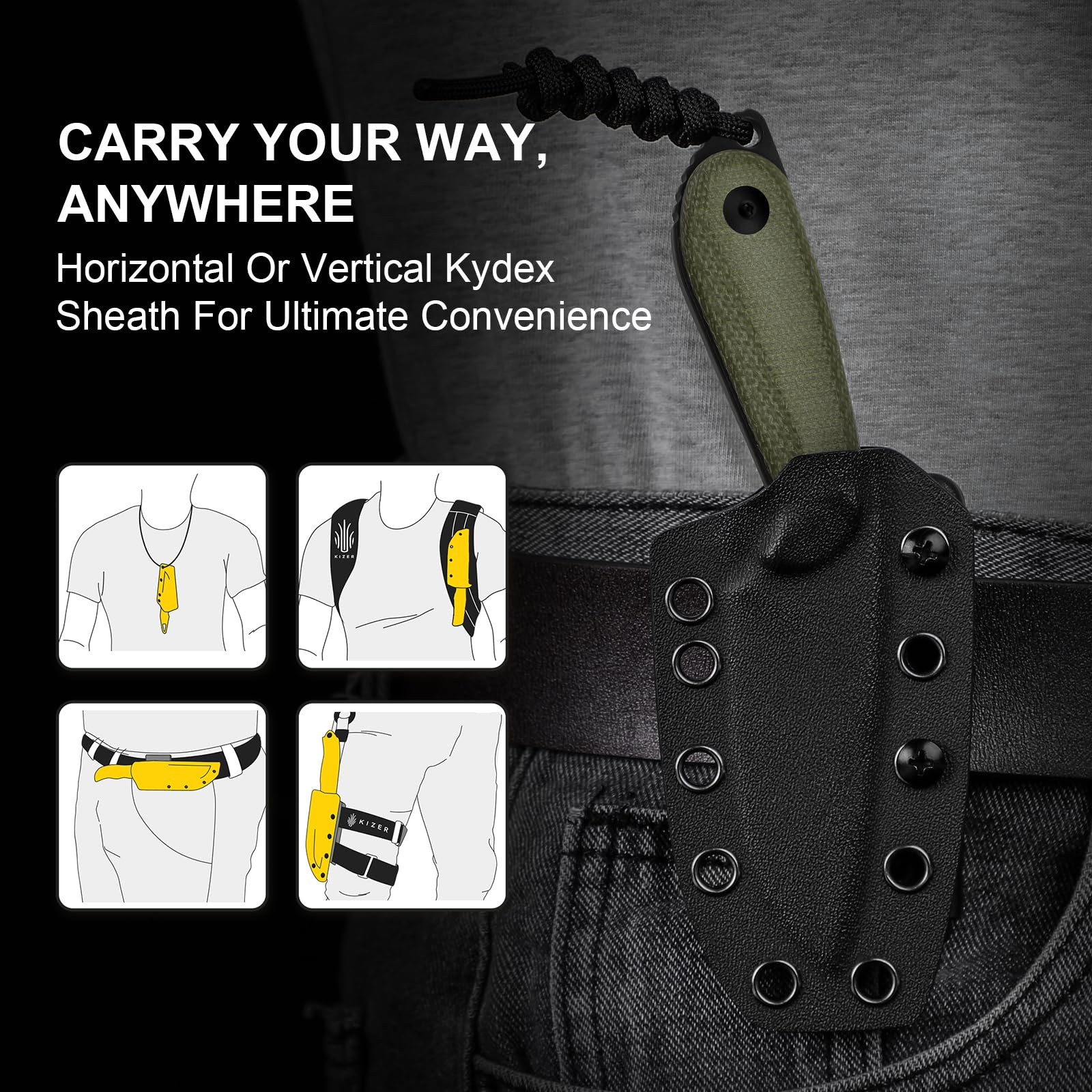 Kizer BUDDY Cuchillo de Hoja Fija, Cuchillo de Camping de Acero D2 de 3" con Mango de Micarta Verde Oliva, Cuchillos Compactos EDC de Hoja Fija con Funda para Senderismo y Camping 1081M1