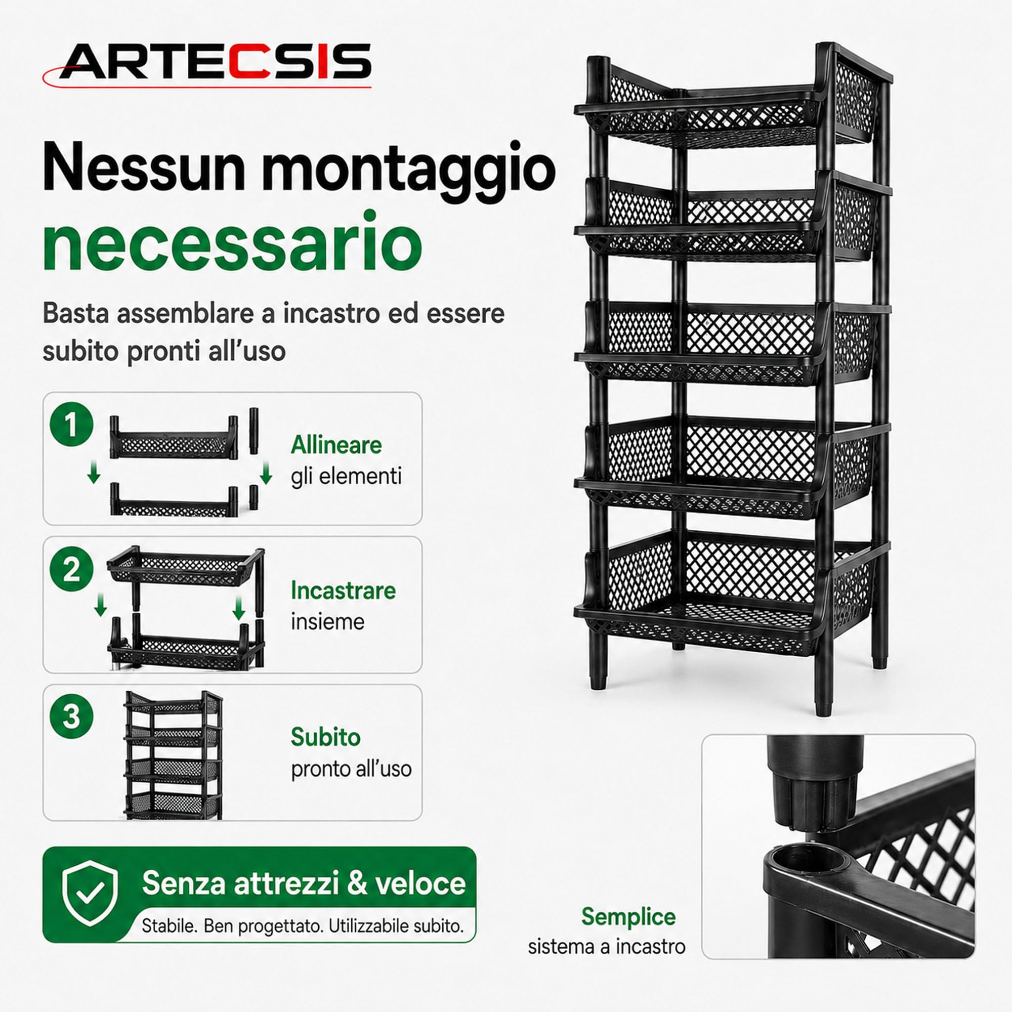 ARTECSIS Scaffale in plastica a 6 livelli 120x50x40cm, nero/max 10Kg/caso