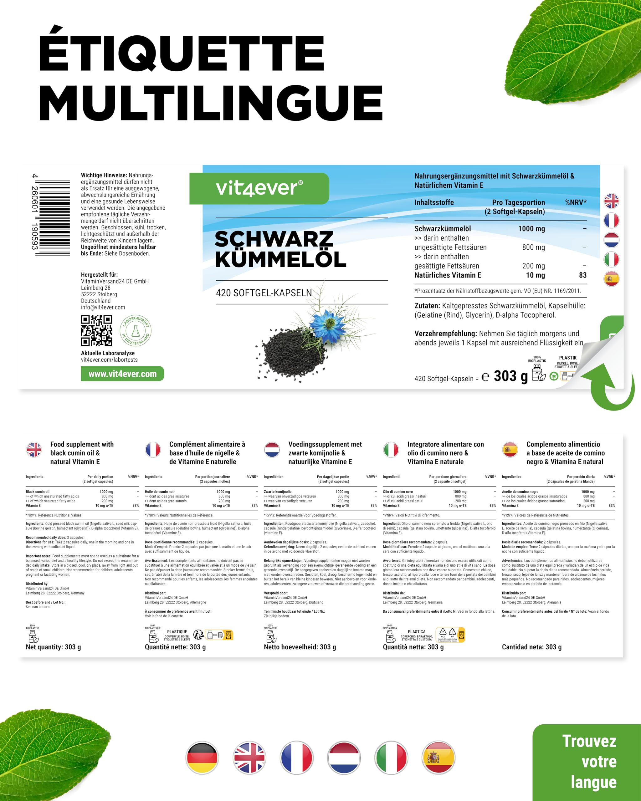 Huile de Cumin Noir - 420 capsules - 1000 mg par Portion Journalière - Egyptienne, Naturelle & Pressée à Froid - Véritable Nigella sativacapsules d'Huile de Cumin Noir à Haute Dose.