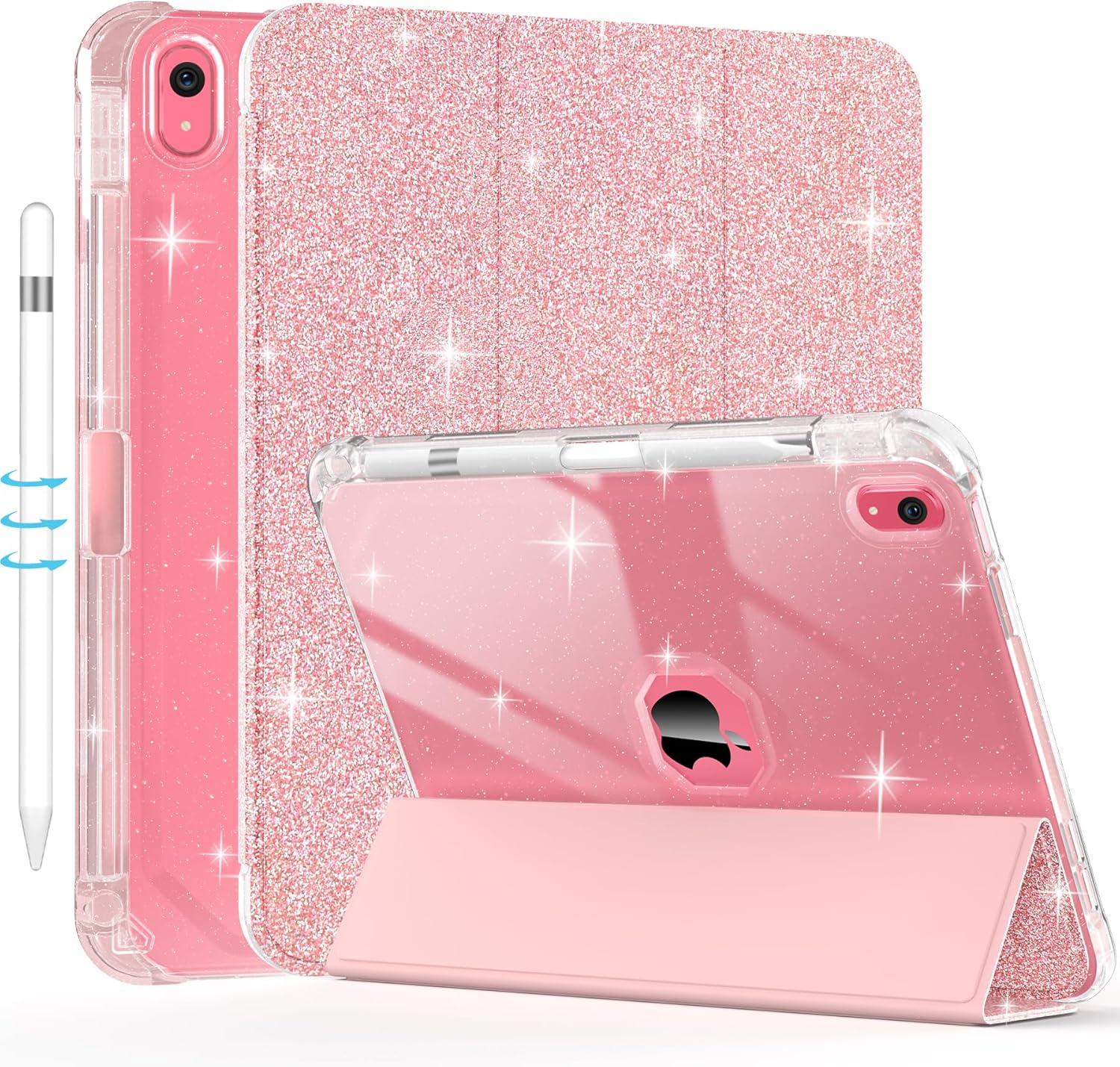 Case for iPad 10th Generation 10.9 Inch (2022), iPad (A16)11th Generation 11 Inch (2025)-with Pencil Holder, Sparkle Glitter Leather Trifold Stand Magnetic Smart Cover-Shiny Clear TPU Back, Rose Gold