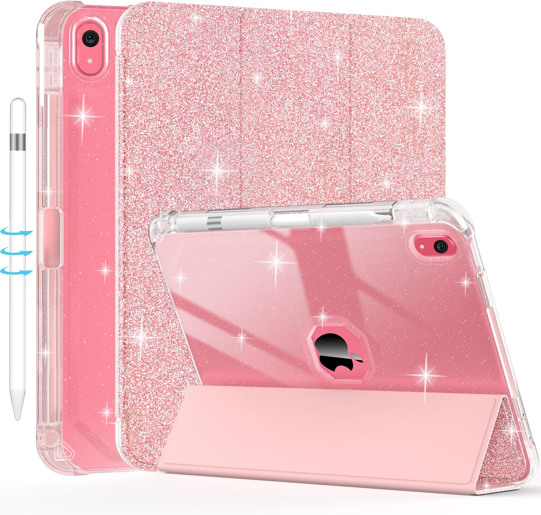 - Case for iPad (A16) 11th/10th Generation 2025/2022 (11″/10.9″), Sparkle Glitter Leather Trifold Stand Magnetic Smart Cover, with Pencil Holder, Auto Wake/Sleep for iPad 11th/10th (Rose Gold)