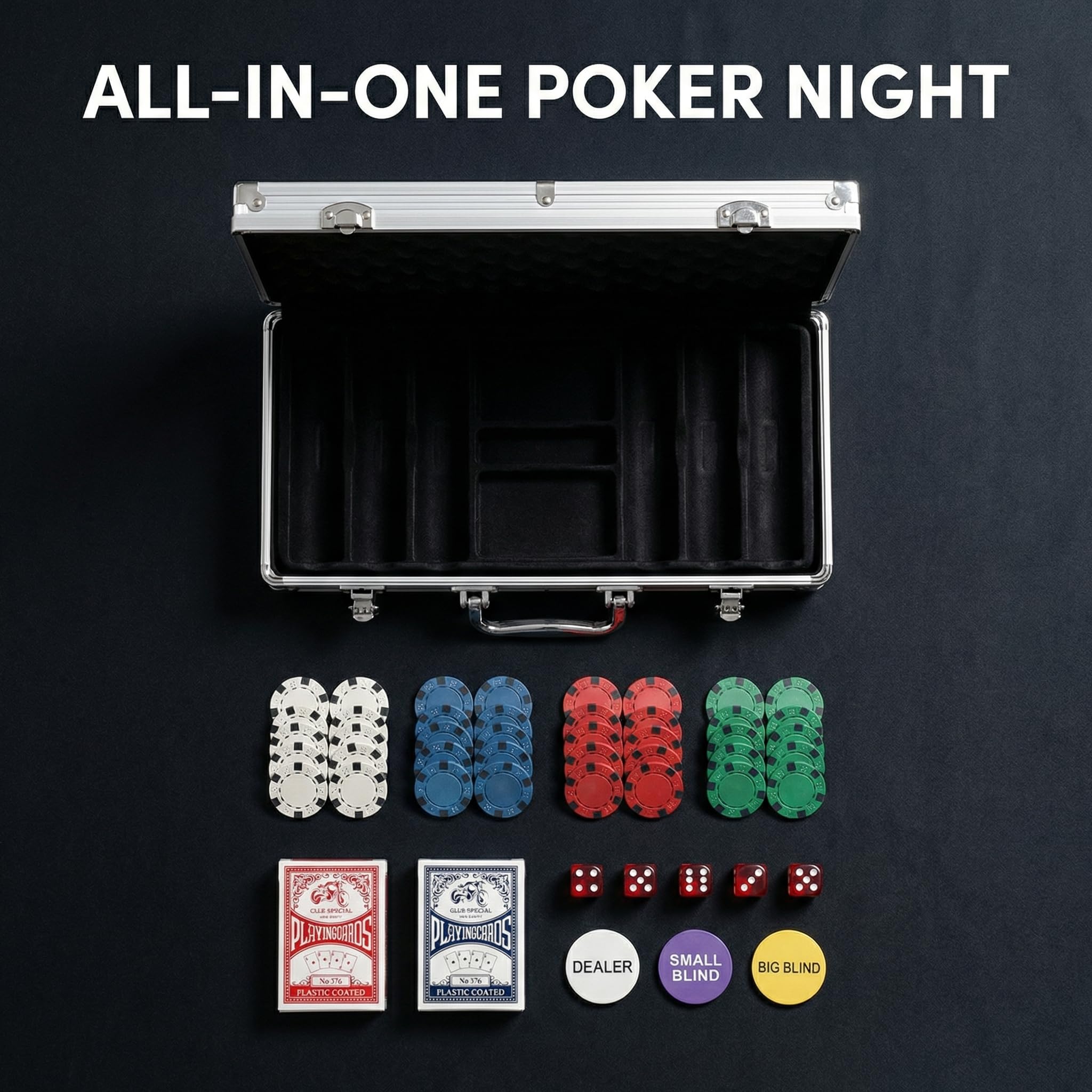 Set da poker da 500 pezzi con custodia in alluminio e chip professionali da 11,5 g, 2 mazzi più 5 dadi da poker impermeabili, kit da poker da casinò