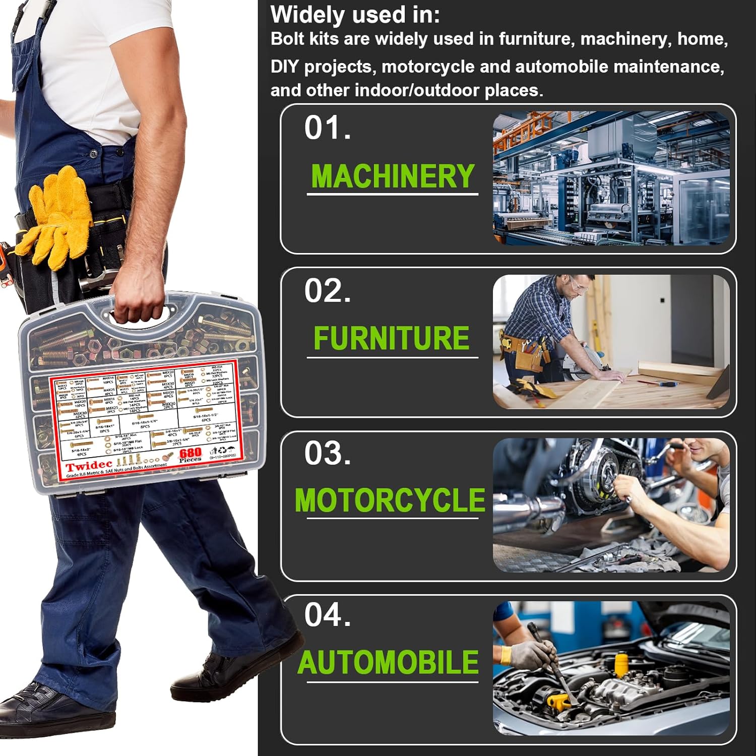 Twidec/680PCS Metric＆SAE Bolt Assortment,Grade 8.8 Hex Head Bolts and Nuts Assortment Kit, M4 M5 M6 M8 1/4-20 5/16-18 3/8-16 Heavy Duty Nuts and Bolts Kit Gold Zinc Plating With Storage Case