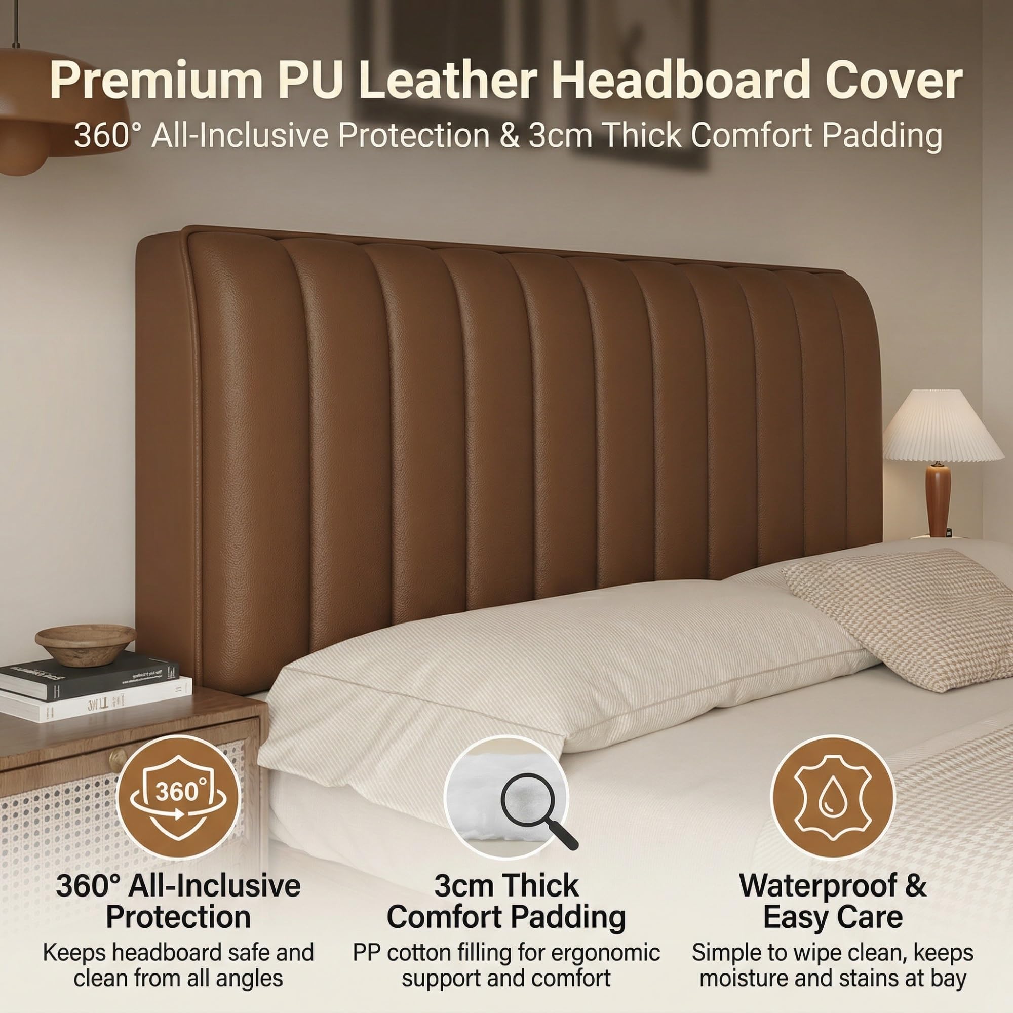 Copri Testata Letto 360° Copertura Completa, Spessore Impermeabile Copritestiera, Pelle Sintetica, Morbido Coprispalliera per Matrimoniale, Singolo, Queen, King(Black,160cm)