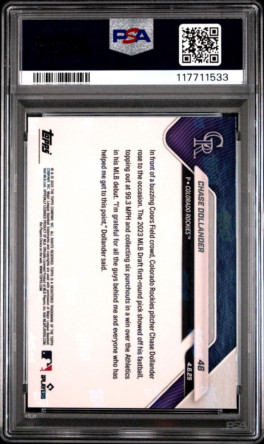 Graded 2025 Topps Now Chase Dollander #46 Orange Foil /25 Rookie RC Baseball Card PSA 10 Gem Mint