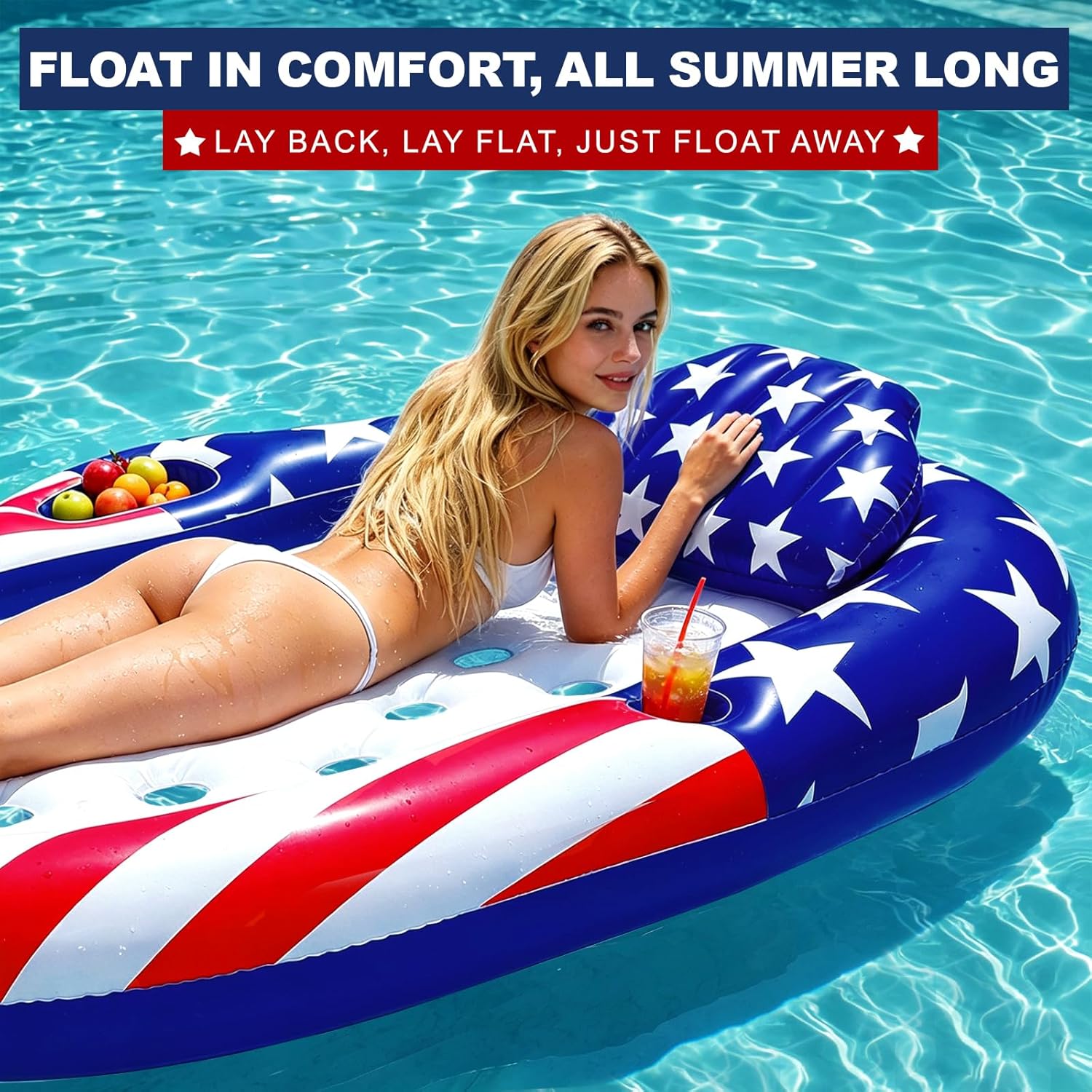 72"x59" Patriotic Pool Floats Adult, American Flag Inflatable Pool Float Lounger ​with Pillow Food Drink Holder, Extra Large ​Oval Pool Floaties 4th of July,250th Anniversary,Summer Lake Lounge Beach
