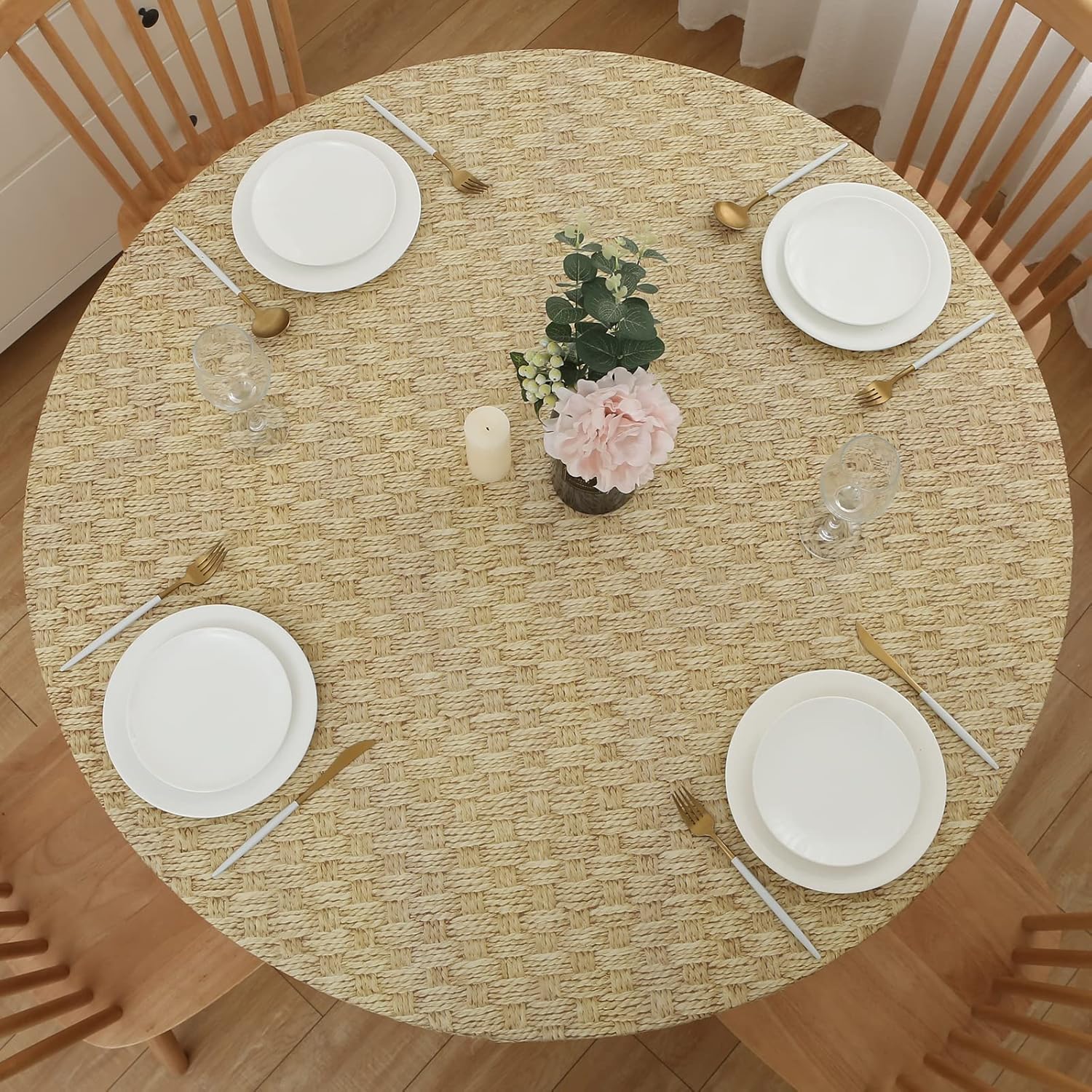 Round Vinyl Fitted Tablecloth with Flannel Backing Elastic