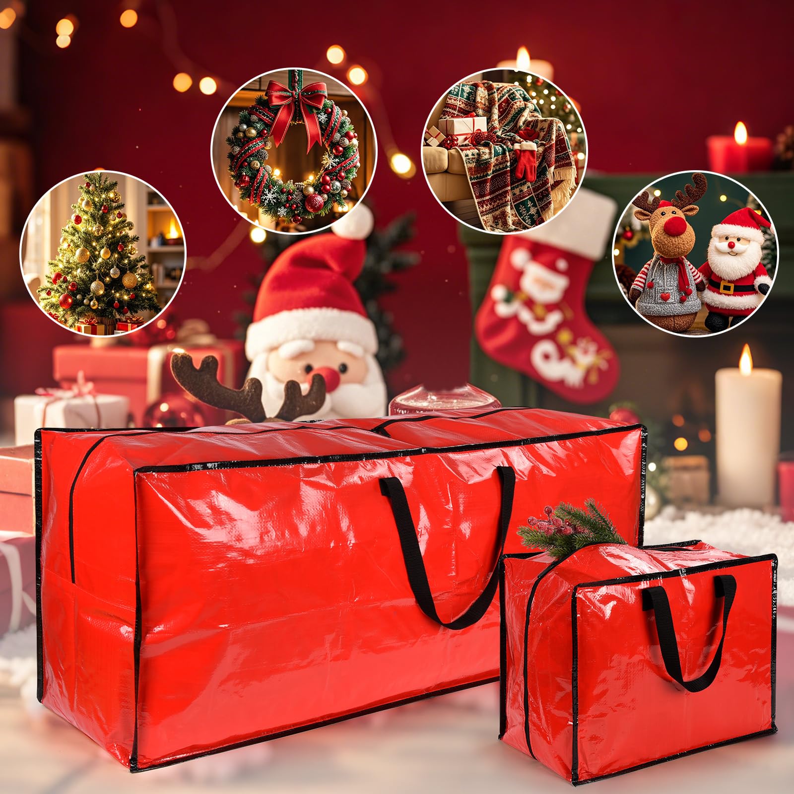 Lot de 4 sacs de rangement extra larges pour sapin de Noël avec 3 sacs de décoration de Noël pour arbres de Noël, boules de Noël, boîtes de rangement faciles à transporter, sacs de rangement