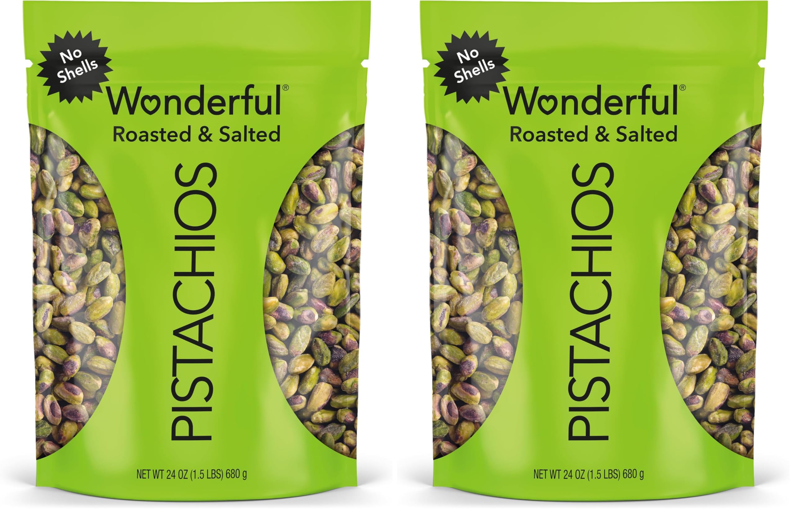 No Shells, Roasted & Salted Nuts, 24 Ounce Resealable Bag, Protein Snacks, Gluten Free, Healthy Snack (Pack of 2)