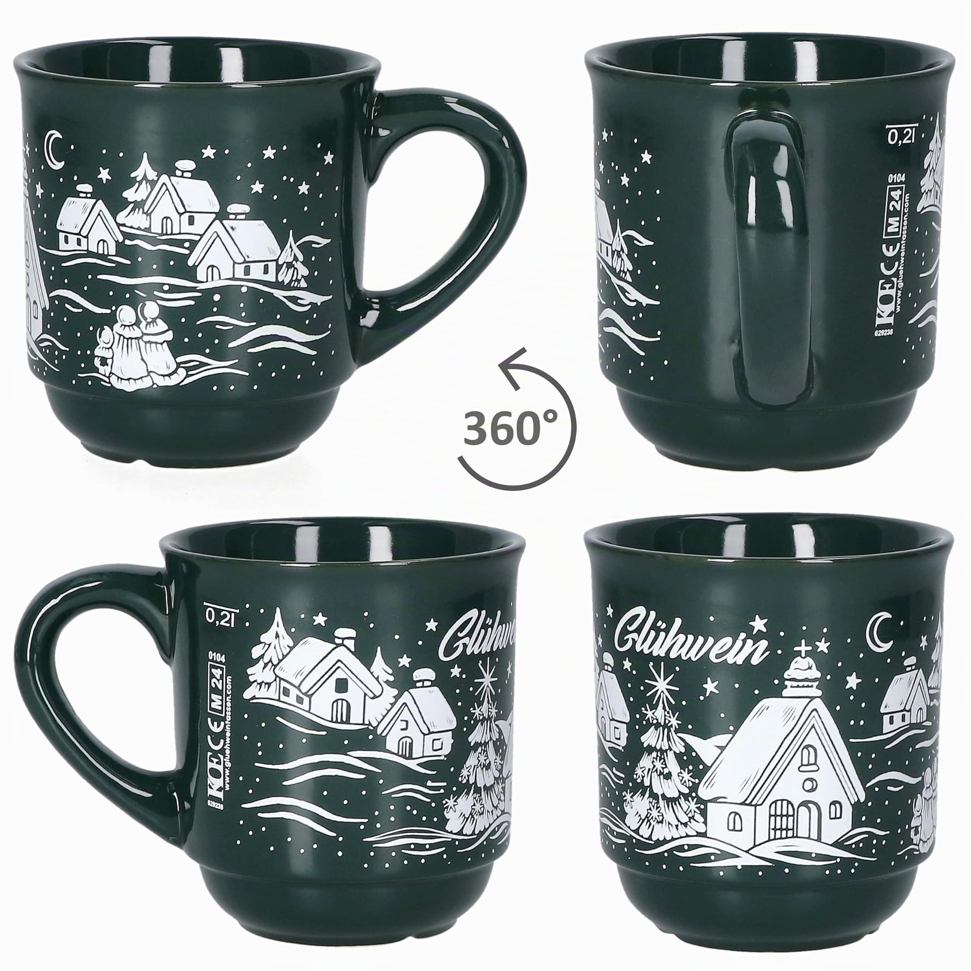 MamboCat Set di 12 tazze per vin brulé, 0,2 l, verde, paesaggio natalizio, classiche, in ceramica, calibrate, ideali per il mercatino di Natale