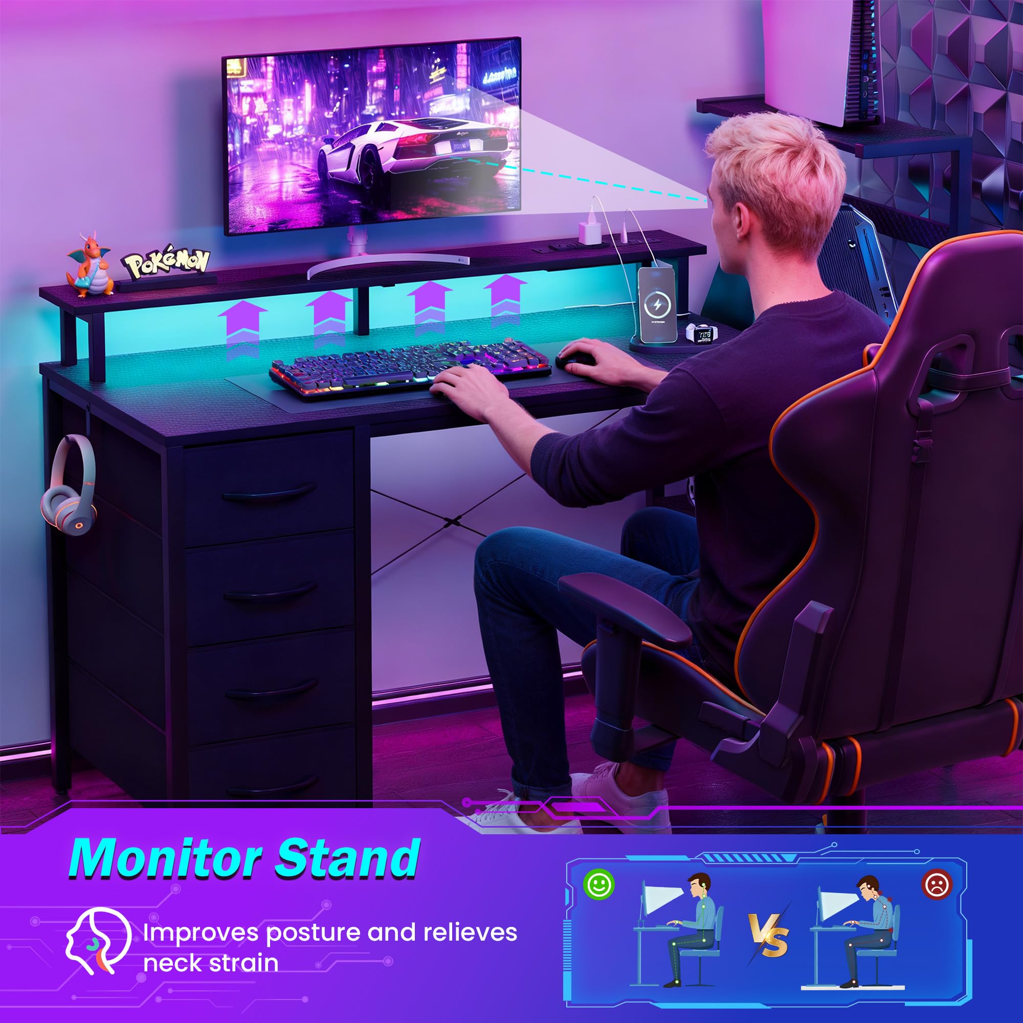YOUDENOVA Biurko do gier z 4 szufladami z tkaniny, 150 x 48 cm, obustronne, z diodami LED i gniazdem, biurko z podporą na monitor, złącze USB, biurko do komputera do domu, biura i