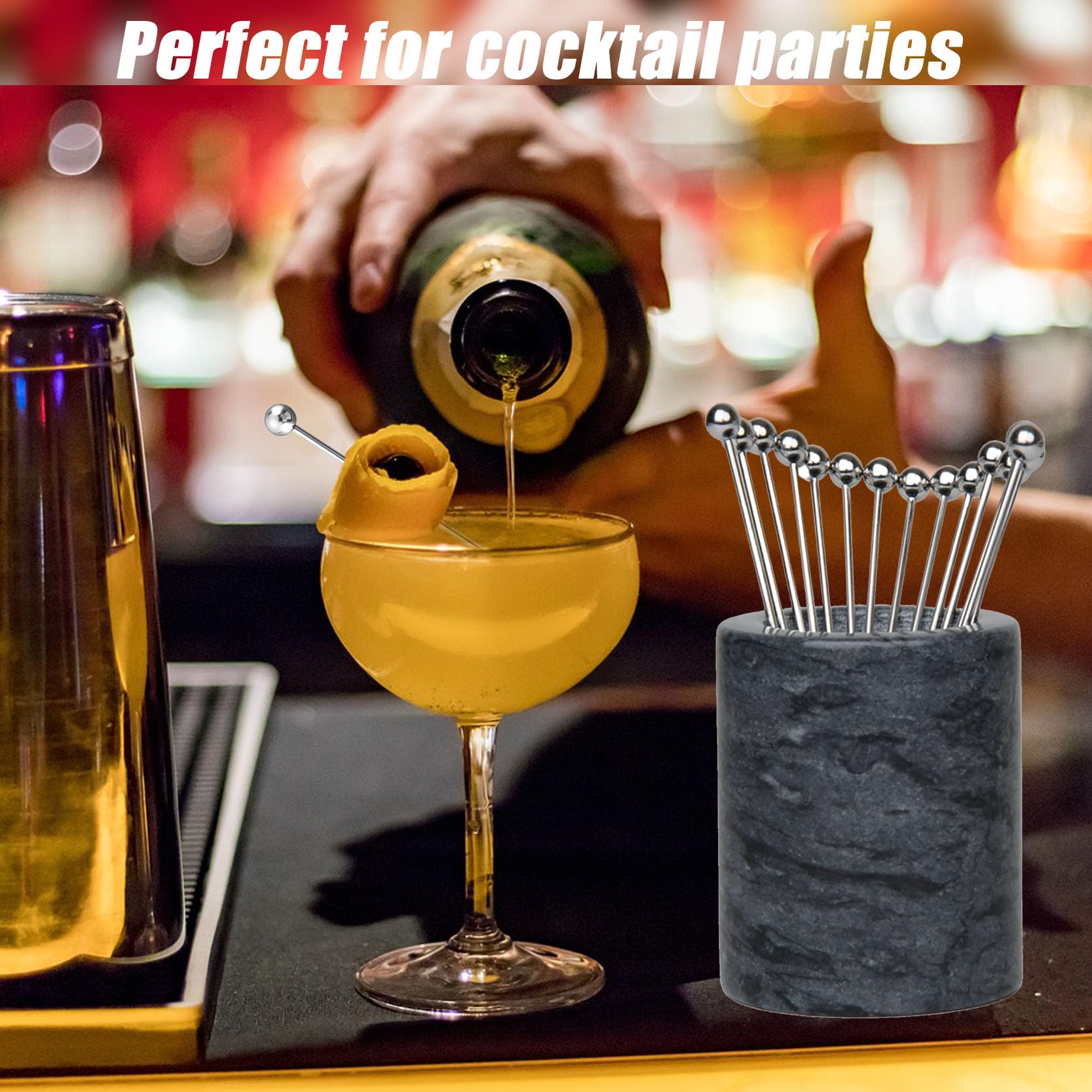Palillo de cóctel de acero inoxidable de 4.3 pulgadas, 15 piezas + 1 tanque de mármol, clip de cóctel, tenedor de aperitivos, guarnición de cóctel, adecuado para bares, restaurantes,