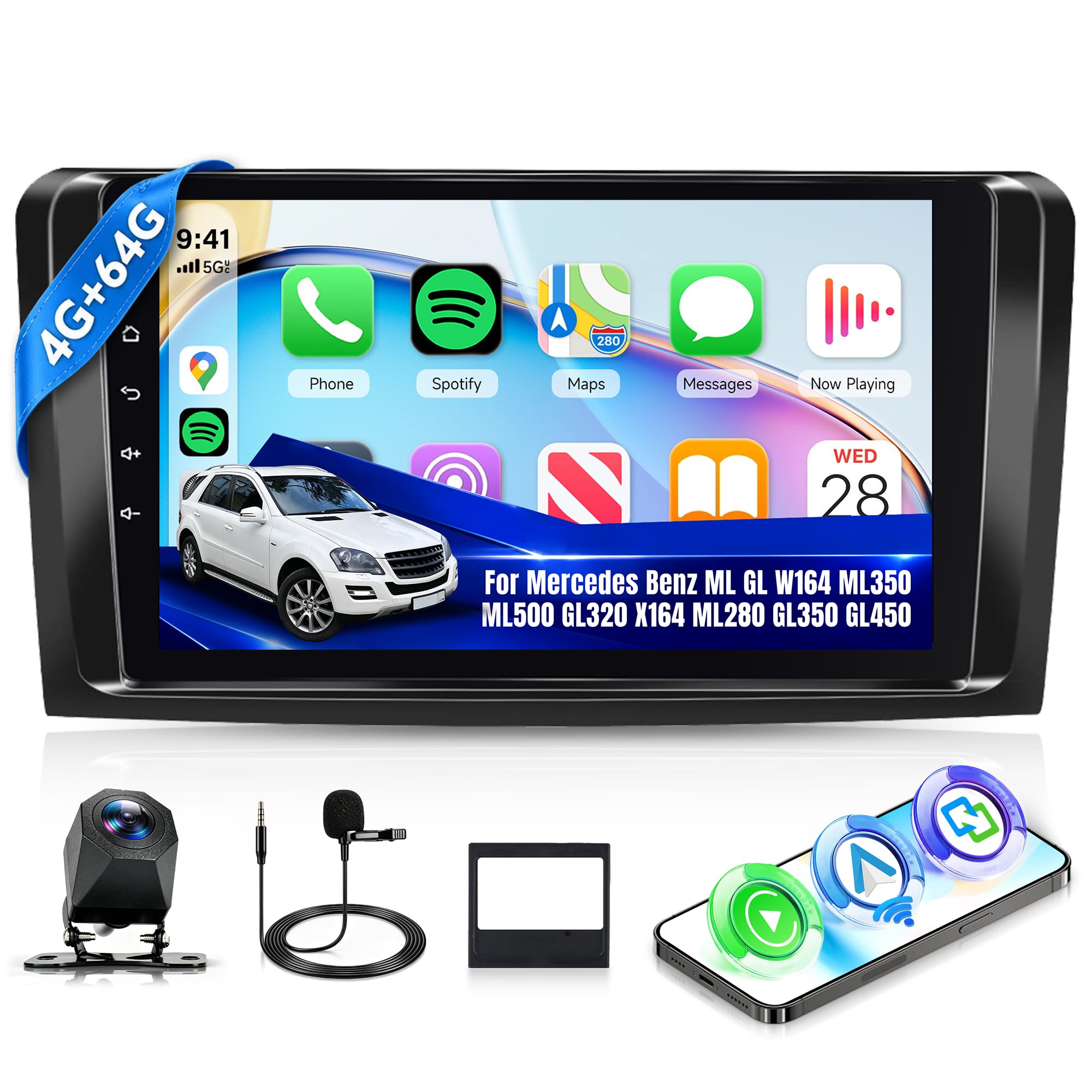 4G+64G Wireless Carplay Android Autoradio für Mercedes Benz ML GL W164 ML350 ML500 GL320 X164 ML280 GL350 GL450 9 Zoll Autoradio mit Android Auto Navi GPS WIFI Bluetooth FM/RDS 32EQ/USB Rückfahrkamera