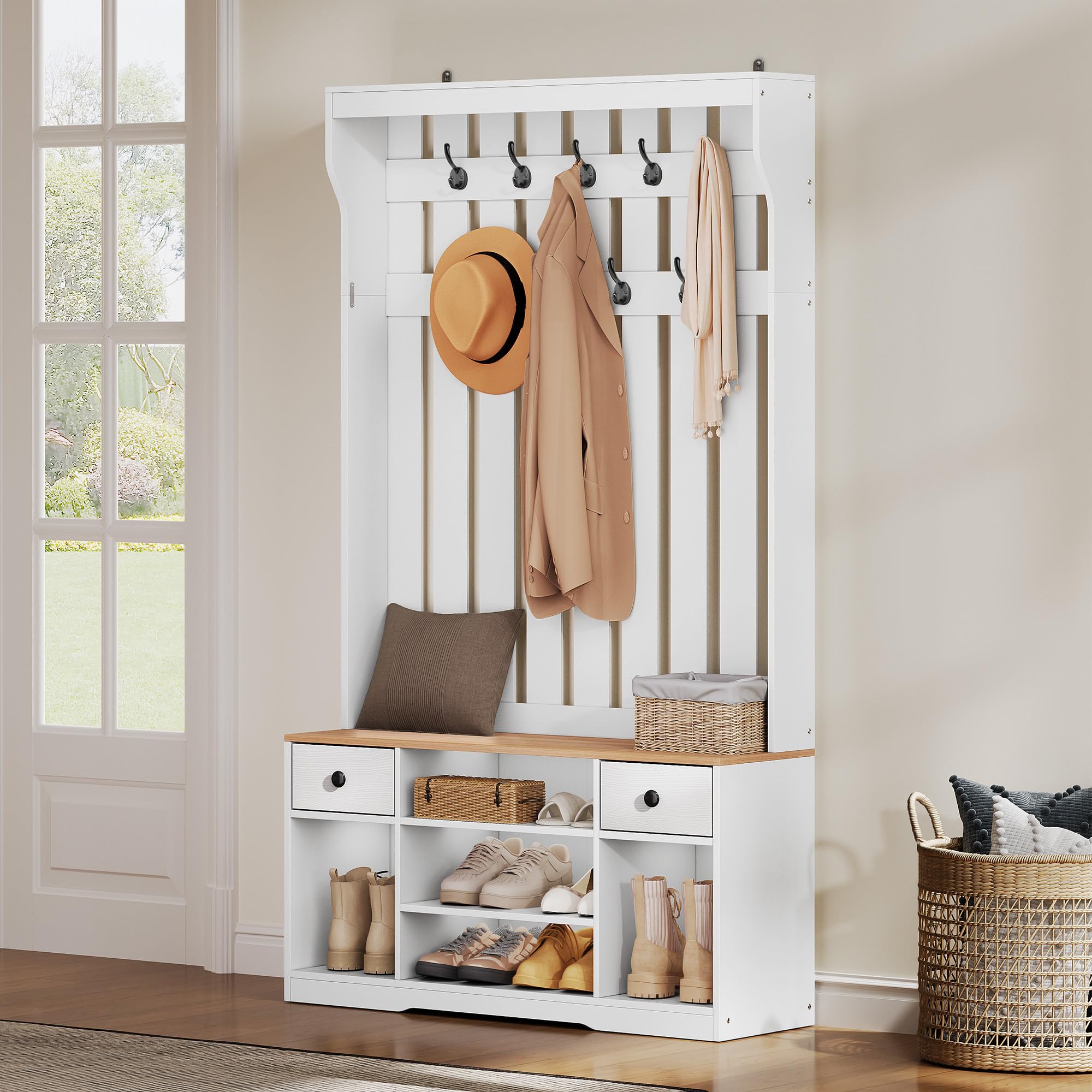 YITAHOME Porte-Manteau avec Banc, Meuble d’Entrée, avec Étagères à Chaussures, Étagères Réglables, 9 Crochets, avec 2 Tiroir en Tissu Amovible, 100 x 35 x 180cm pour Entrée, Couloir, Blanc Grain Bois