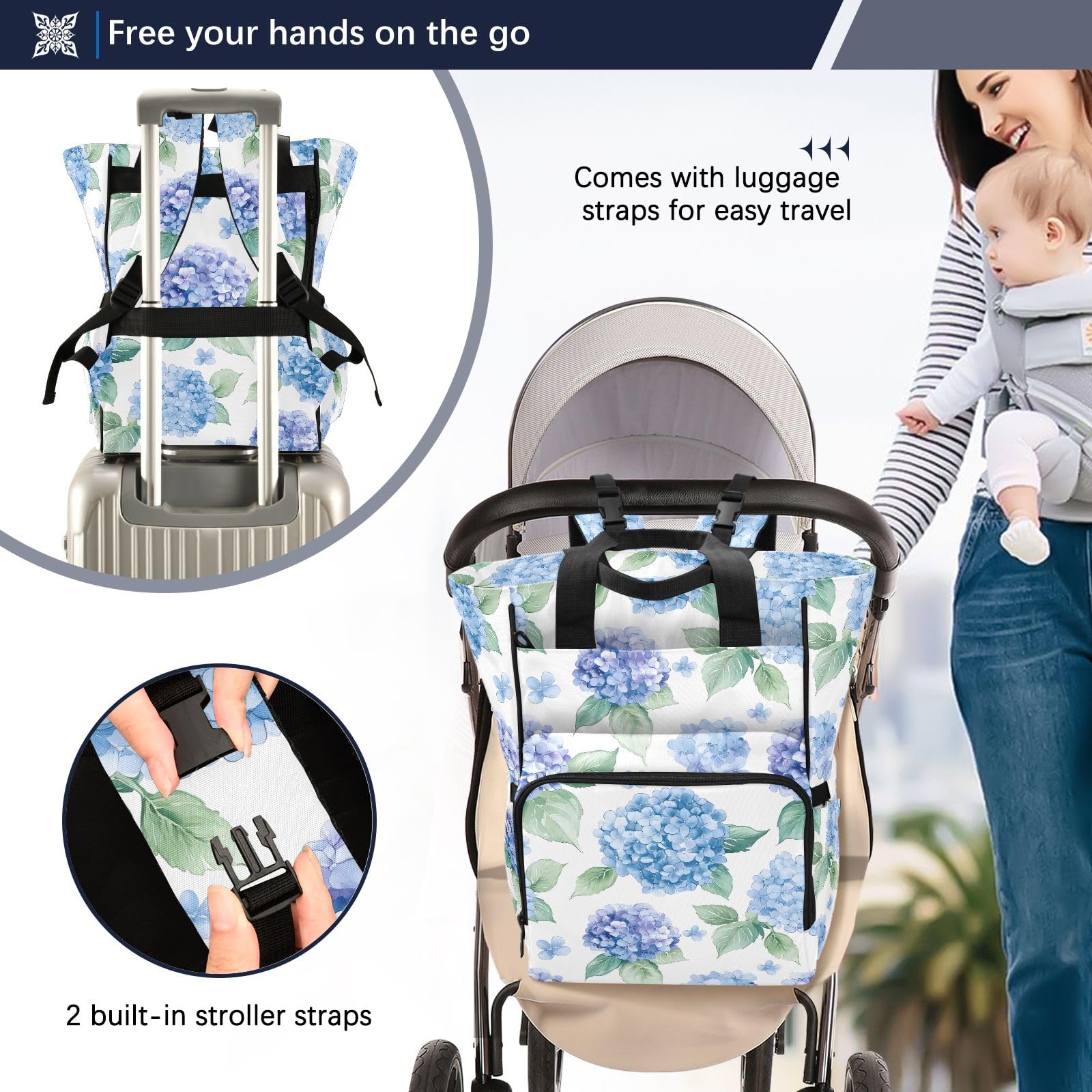 Mnsruu Borsa per pannolini per bambini con motivo di ortensia viola pallido ad acquerello borsa grande borsa impermeabile da viaggio borse per pannolini per mamme e papà
