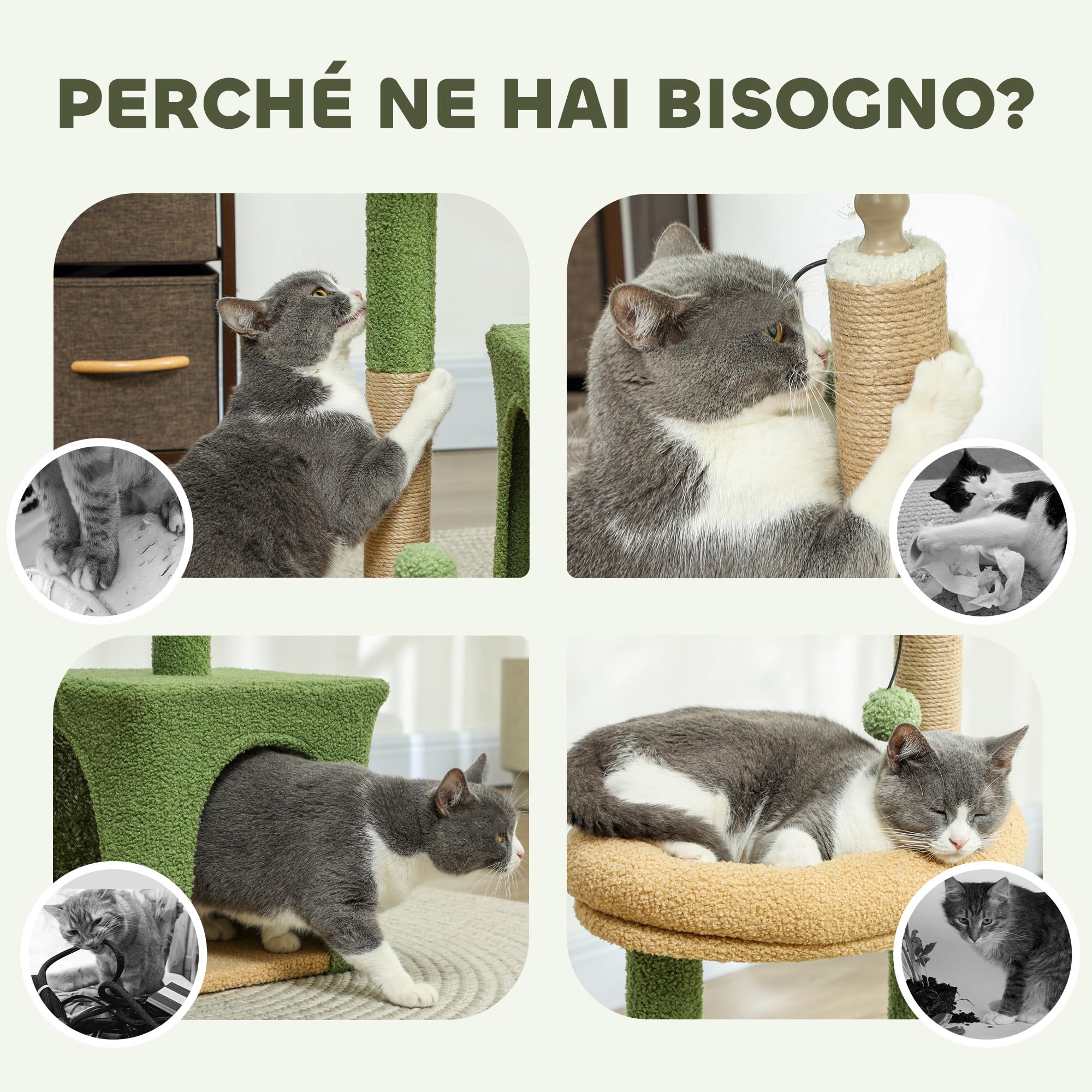 PawHut Albero Tiragraffi per Gatti con Foglia di Palma, Casetta, Lettino e 2 Palline, Torre per Gatti in Legno e Poliestere, 44x30x98 cm, Verde e Marrone