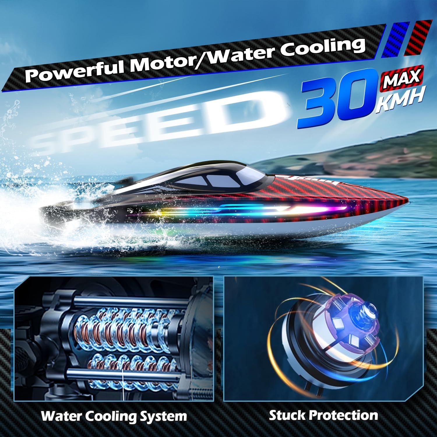 30KMH RC Remote Control Boat with 7 LED Light Modes Waterproof Electric Fast Speed Boat for Adults Kids 8-12 Lake Pool Water Play,Self-righting,Demo,Water Cooling,20Mins,Low Battery Alert,2.4Ghz,Red