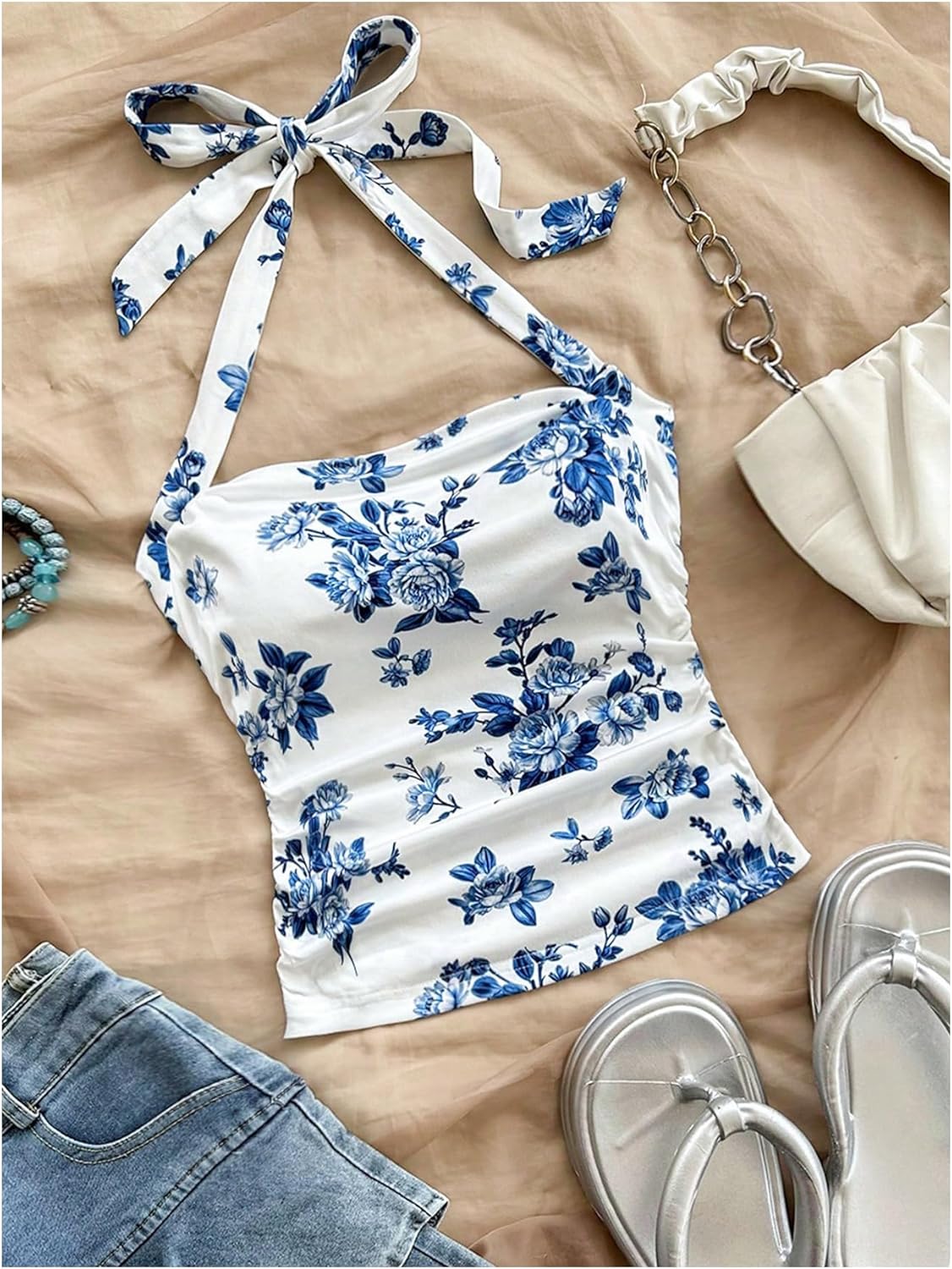 WDIRARA Women's Floral Print Halter Top Ruched Tie Backless Sleeveless Boho Crop Tops - Image 5