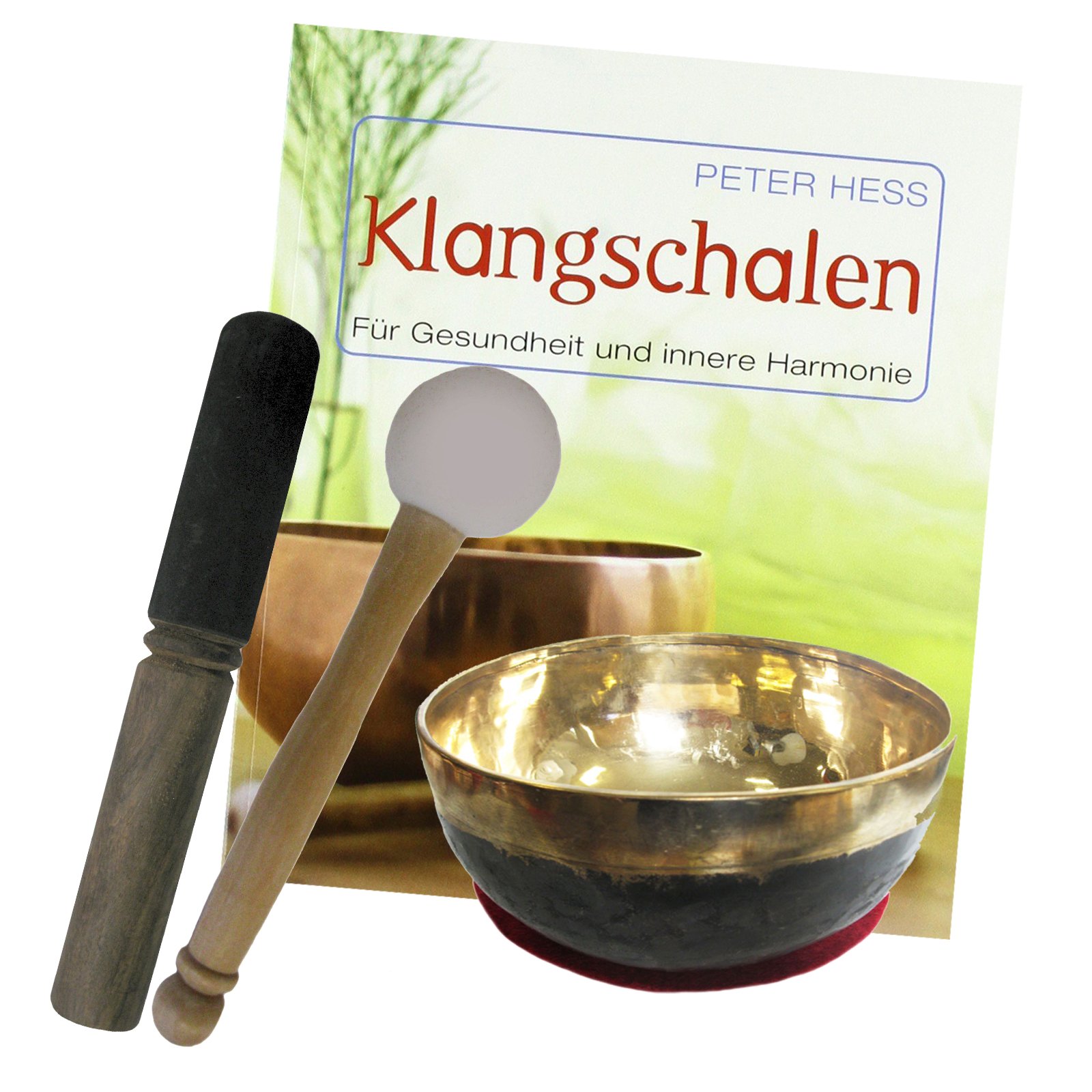 Klangschale für Klangtherapie & Klangmassage 6-tlg Set + Peter Hess Klangschalen Therapie Buch. 300-400g UNIVERSALSCHALE Himalaya Region Tibet/Nepal mit Kissen, Reibe- & Therapie-Klöppel. 70179