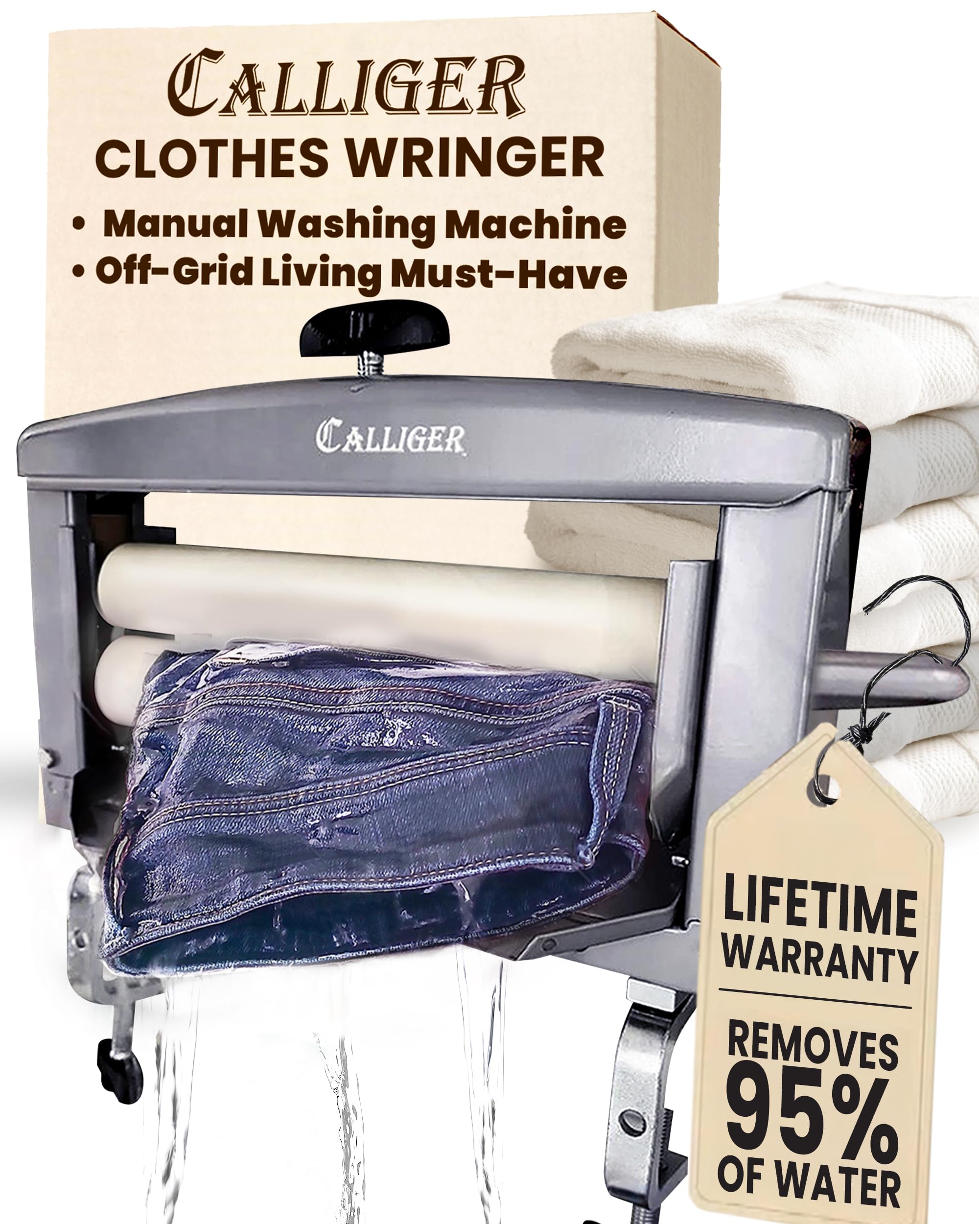 Northwood Calliger Gray Clothes Wringer - Better Moisture Removal Manual Clothes Washer Than Portable Washing Machine/Portable Dryer - Heavy Duty Off Grid Washing Machine Laundry Wringer