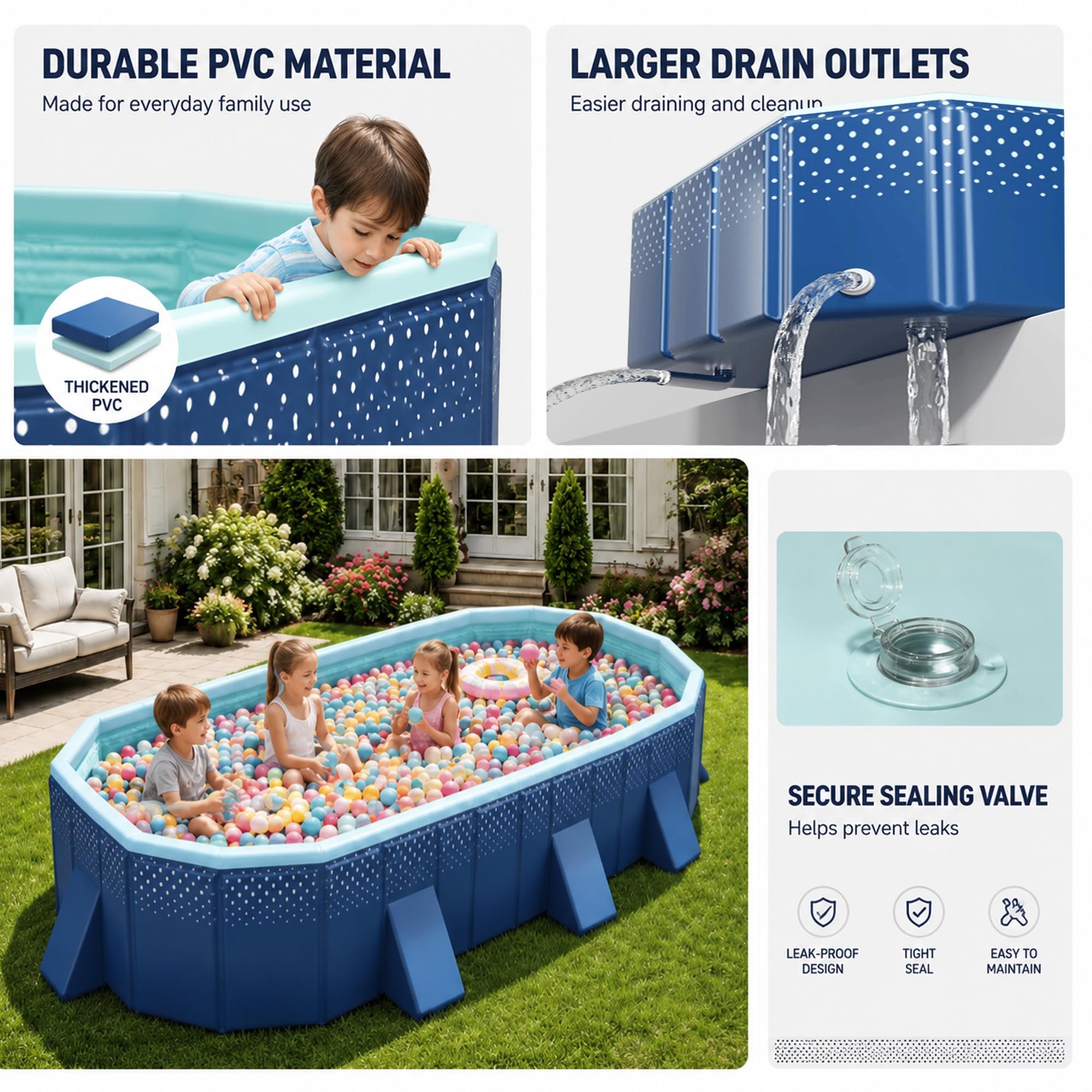 Faltbarer Pool, Nicht Aufblasbares Schwimmbecken Für Kinder & Erwachsene | PVC-Becken, Dreieck-Stützpaneele & Große Abläufe, Garten, Terrasse, Camping(2.1m/6.9ft)